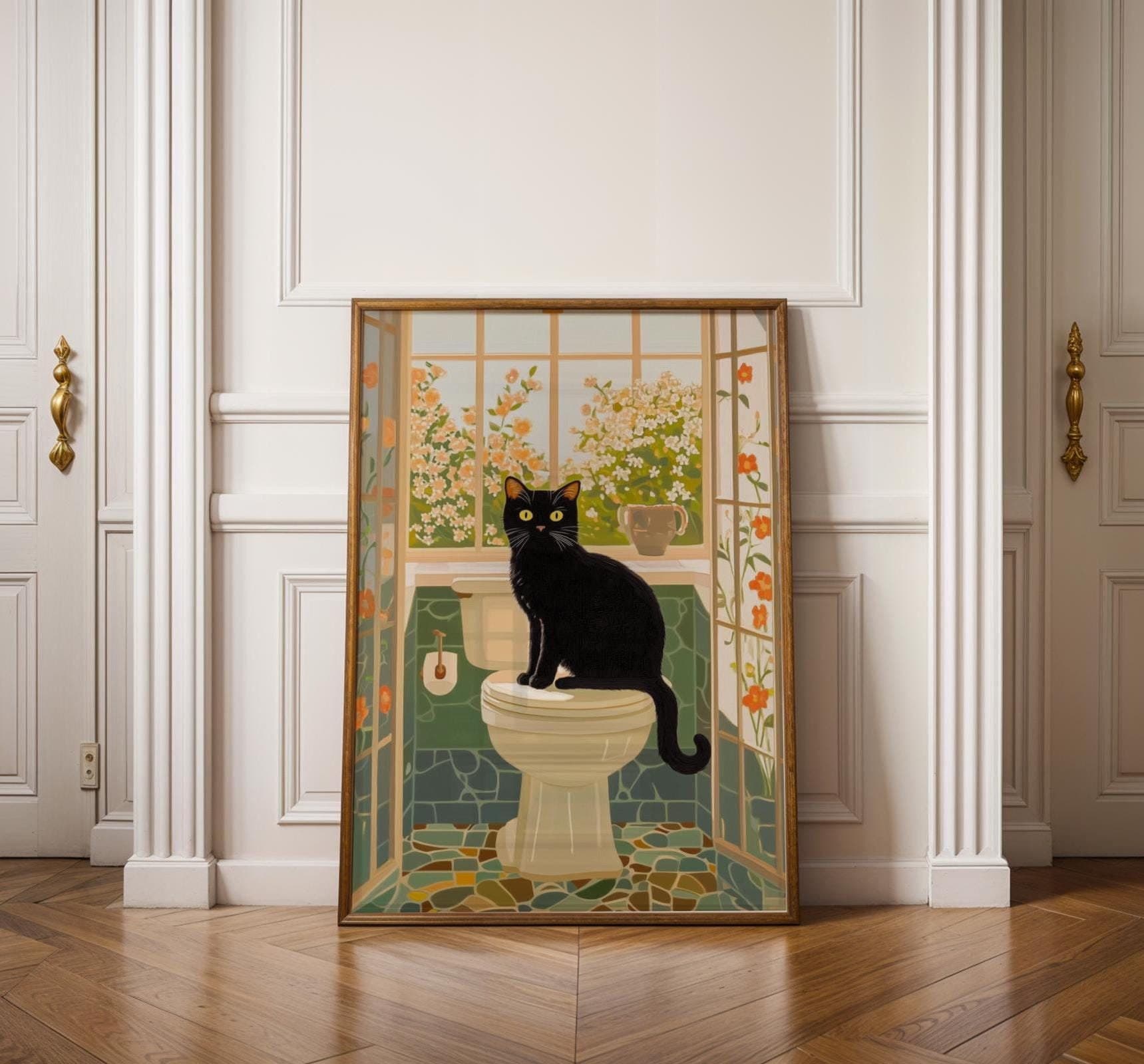 Toilet Cat Print Funny, Orange Painting Poster, Animal Wall Art, Digital Wall Art, Bathroom Wall Art, Cat in Toilet Art, Maximalist Cat Art