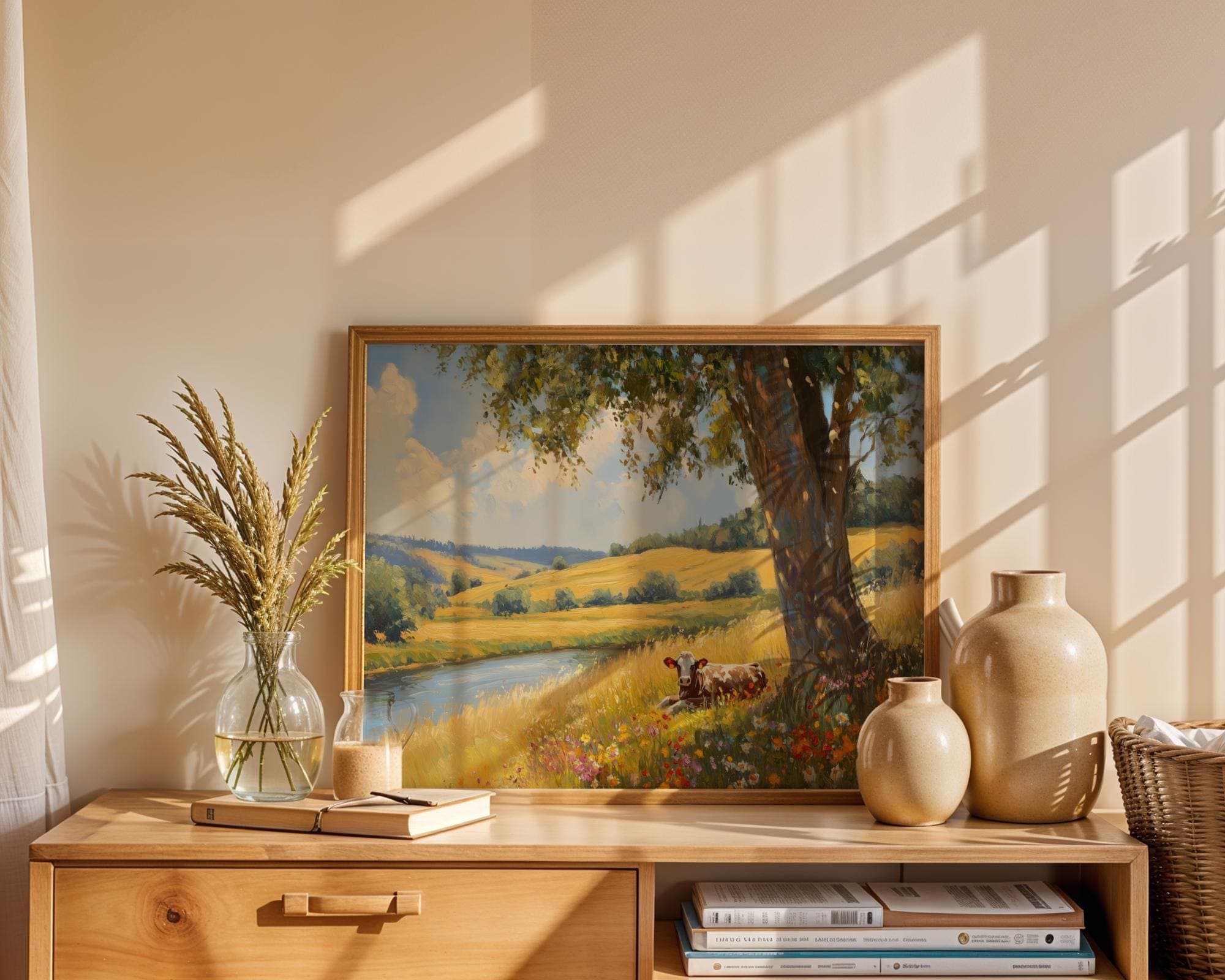 Pastoral Landscape Cow Wall Art, Peaceful River and Wildflower Field Painting, Country Wall Art Print, Country Cottage Art, Landscape Art - view 4