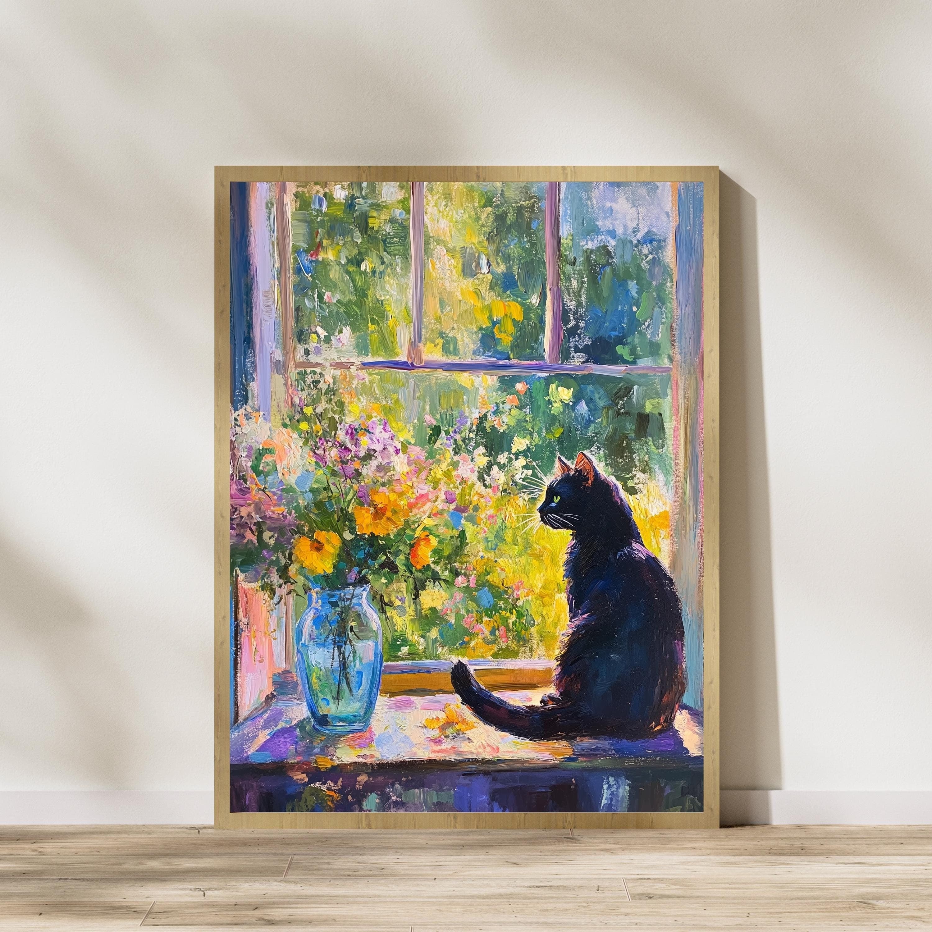 Whimsical Black Cat Art, Colorful Oil Painting, Cat Mom Gift, Digital Cat Art, Colorful Home Decor, Black Cat Oil Painting Poster