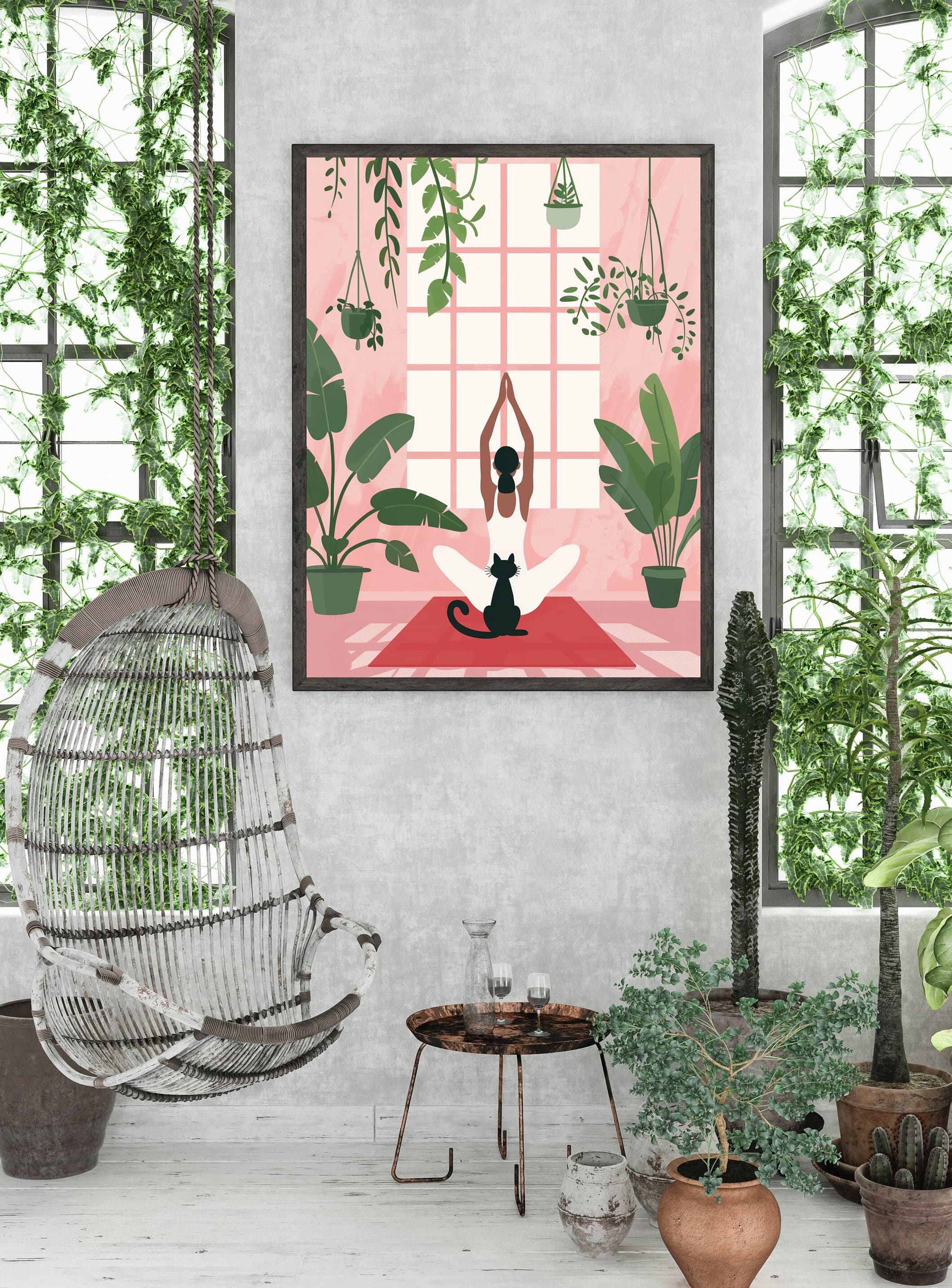 Yoga Cat and Woman Print, Cat Yoga Print, Black Cat Art, Yoga Room Decor, Yoga Lover,Serene Yoga Meditation Art Print, International Cat Day - view 5