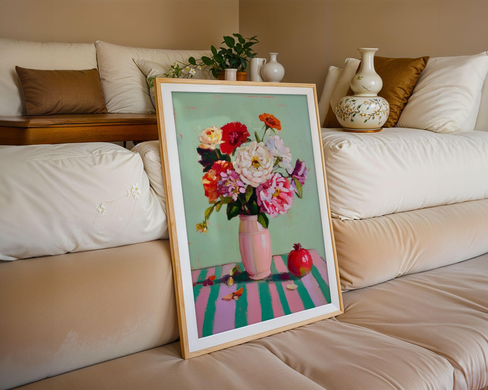 Colorful Floral Still Life Print – Pink Vase Bouquet, Mint Green Art for Kitchen, Colorful Floral Still Life Oil Painting Print, Flower Art - view 7