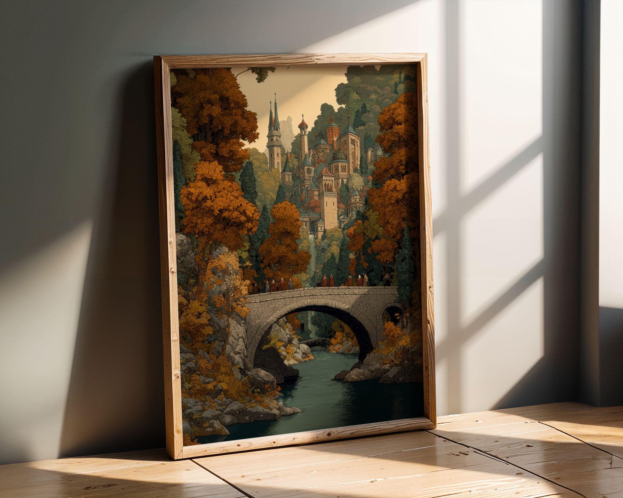 Autumn Medieval Village Landscape Print, Enchanted Bridge Poster, Fantasy Elven Landscape Art Print, High Fantasy Cityscape Poster - view 3