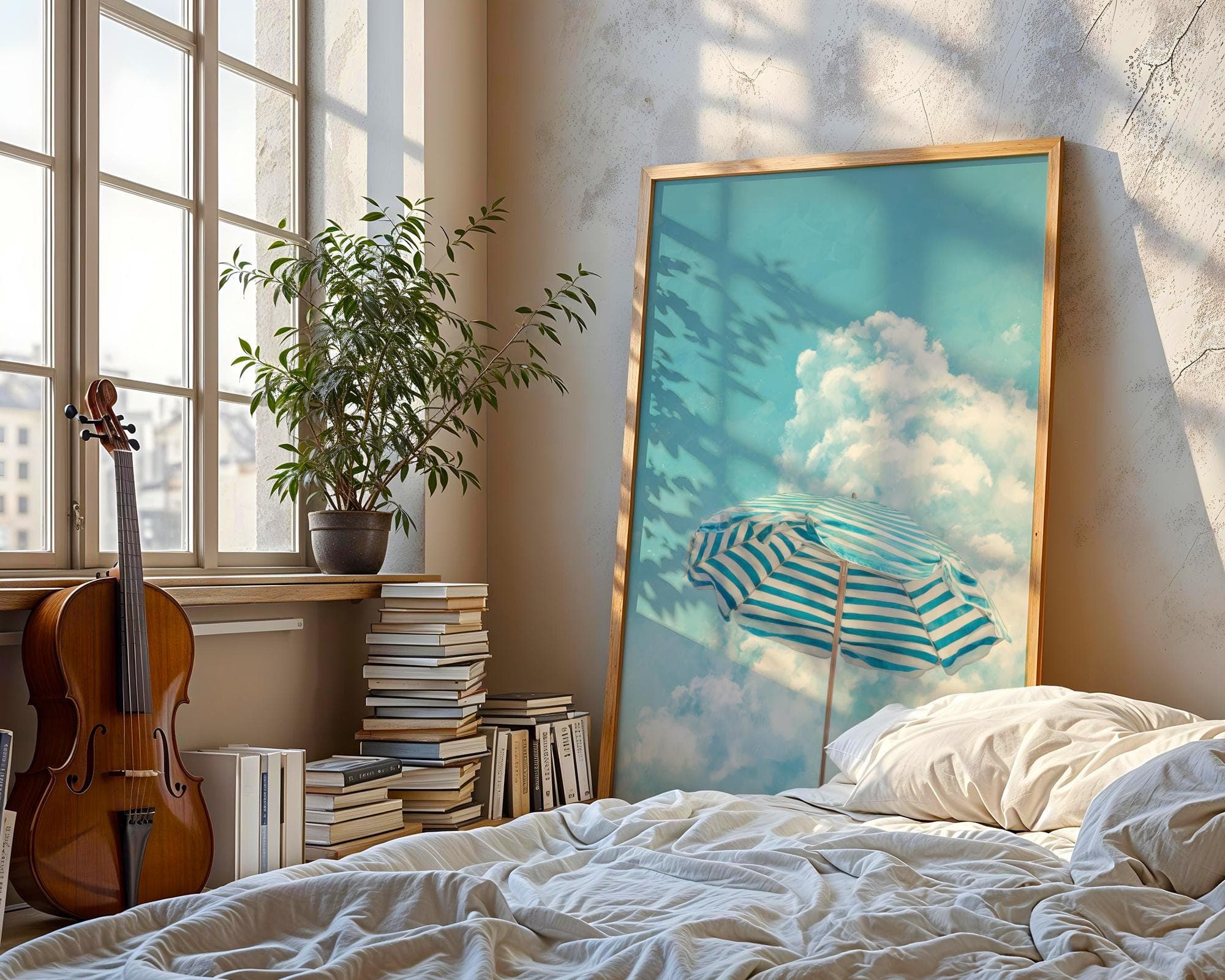 Coastal Beach Umbrella Wall Art, Blue Striped Summer Print, Tropical Coastal Wall Art, Seaside Holiday Wall Art, Coastal Cottage Decor - view 2