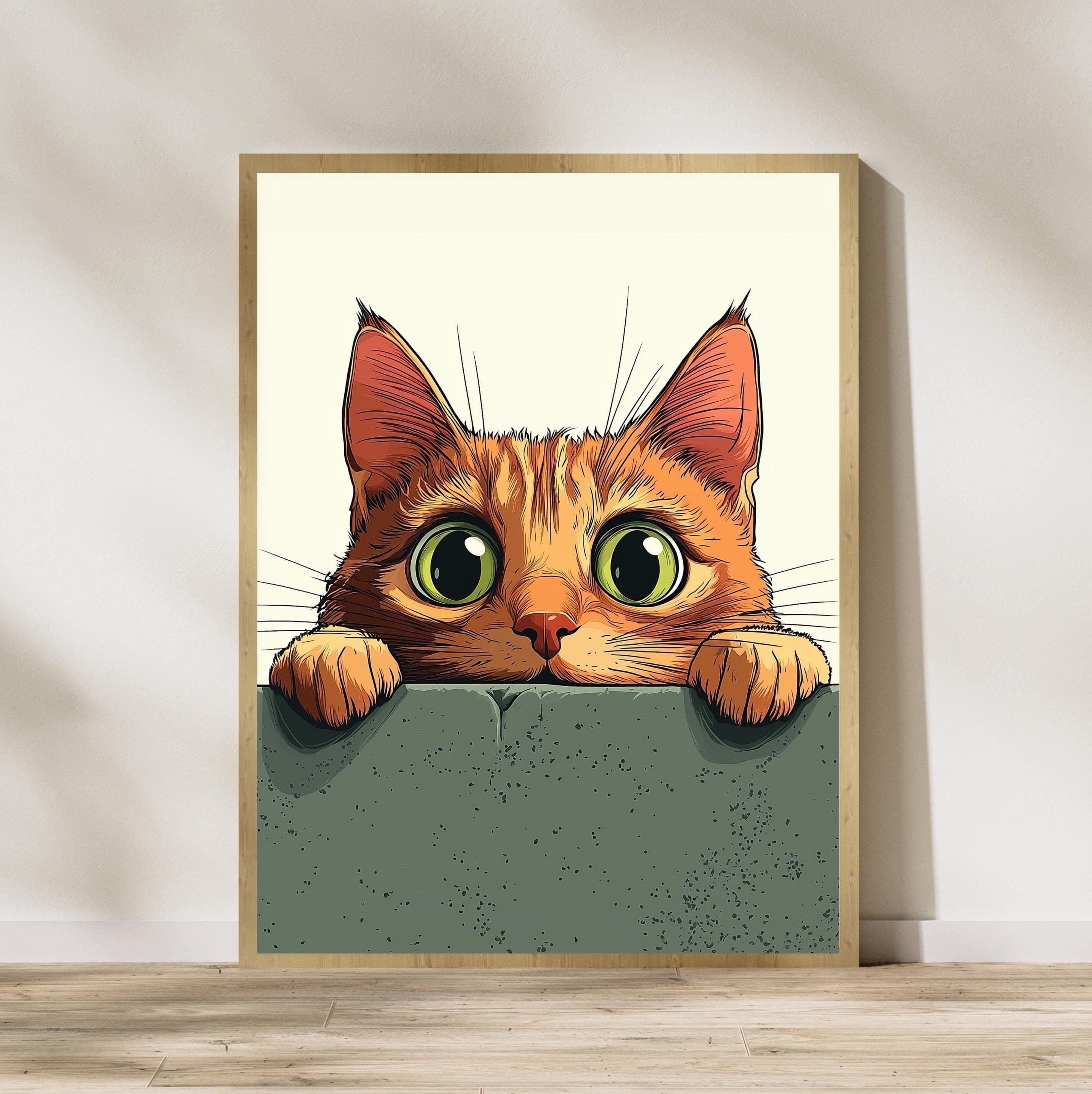Whimsical Cat Peeking Art Print, Colorful Digital Wall Decor, Cute Cat Peeking Wall Art,  Playful Wall Decor for Kids' Room, Ginger Cat Art