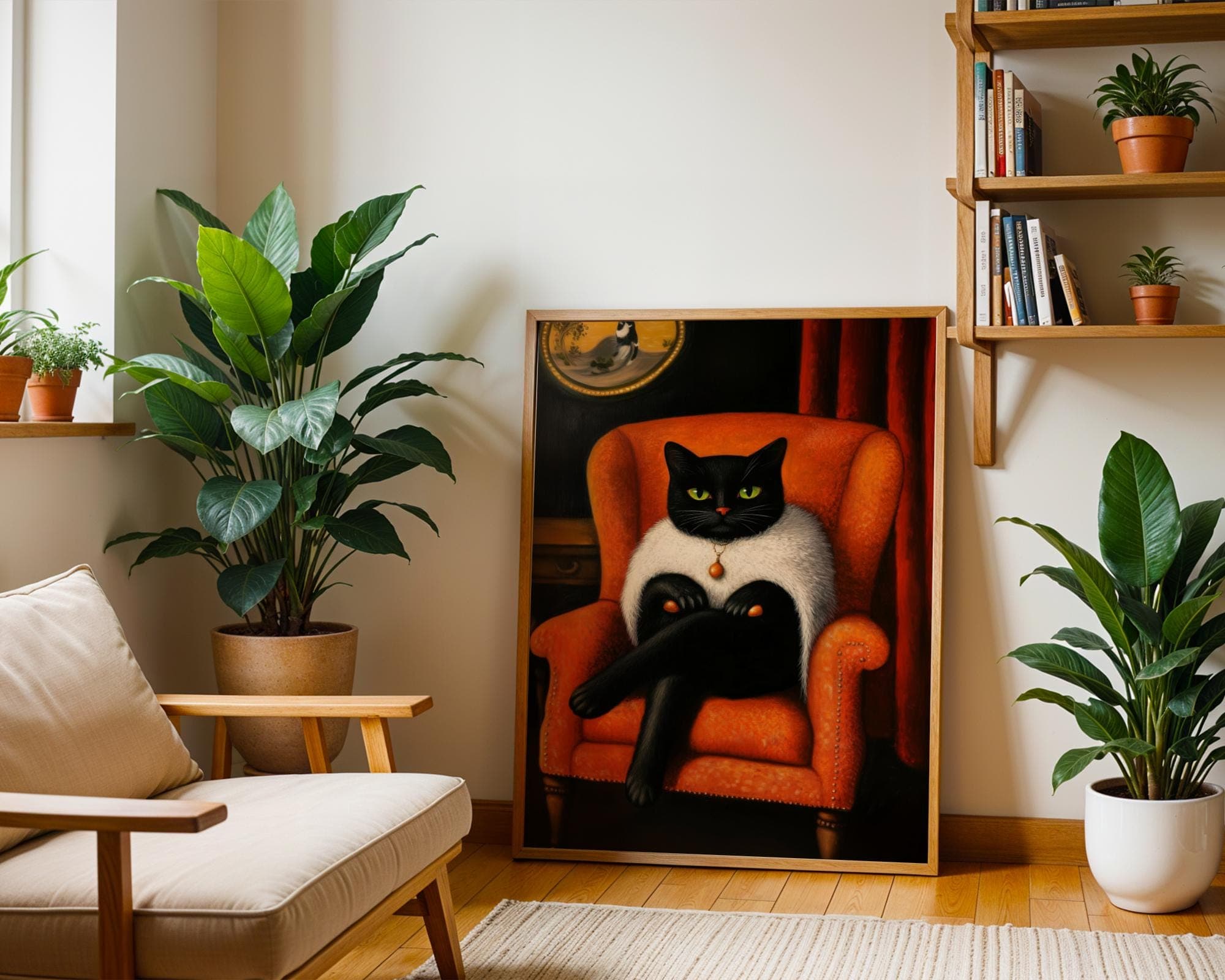 Vintage Black Cat Portrait, Orange and Black Decor Print, Black Cat in Orange Chair, Cool Cat Wall Art, Aristocratic Black Cat Wall Art - view 5