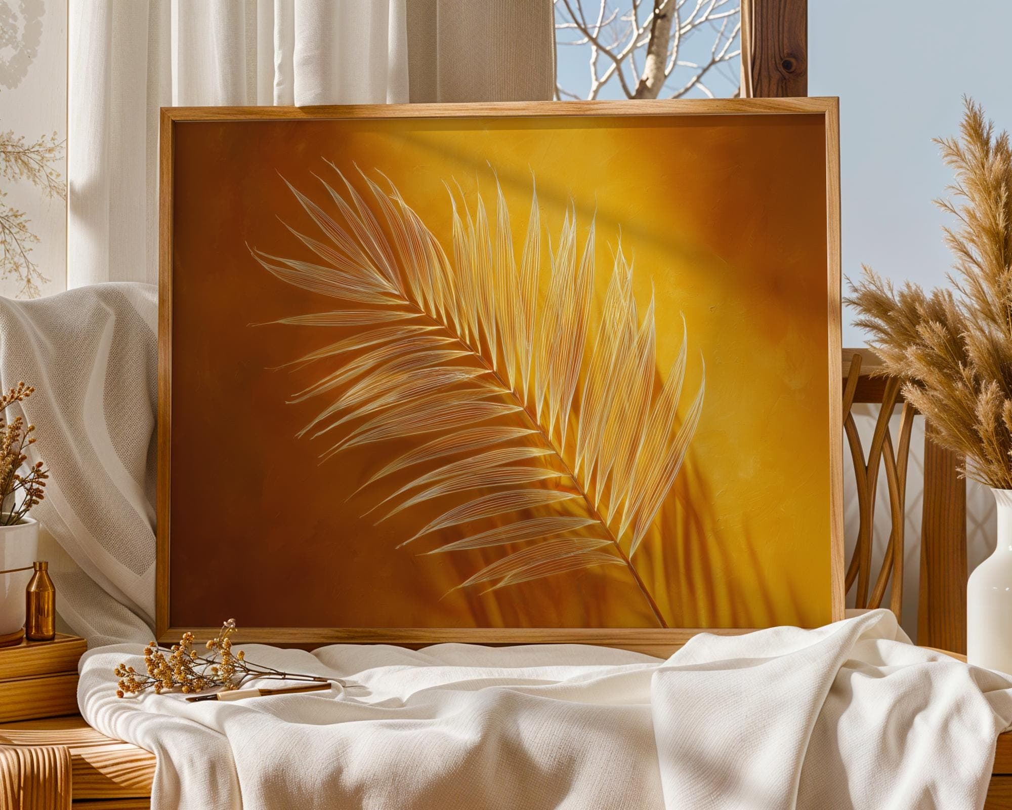 Golden Palm Leaf Wall Art, Warm Yellow Botanical Poster – Digital Palm Leaf Art, Boho Tropical Wall Art – Golden Botanical Print, Gold Leaf