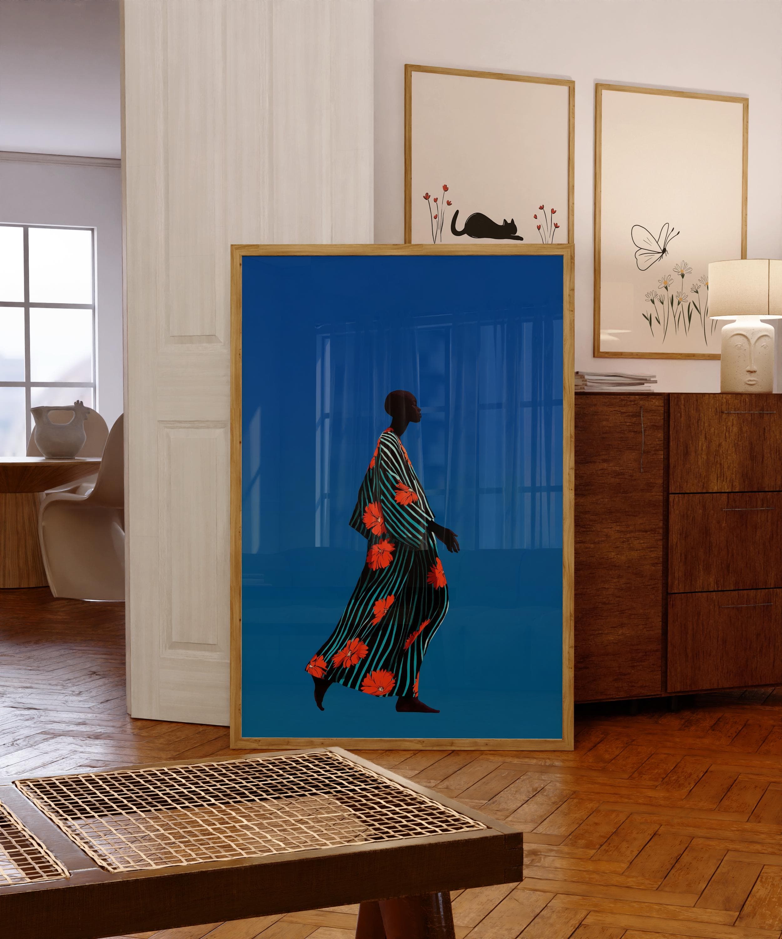 Minimalist Print Art, Contemporary Art, Ethnic Print Art, Modern African Woman Wall Art, African Woman in Striped Floral Dress, African Art