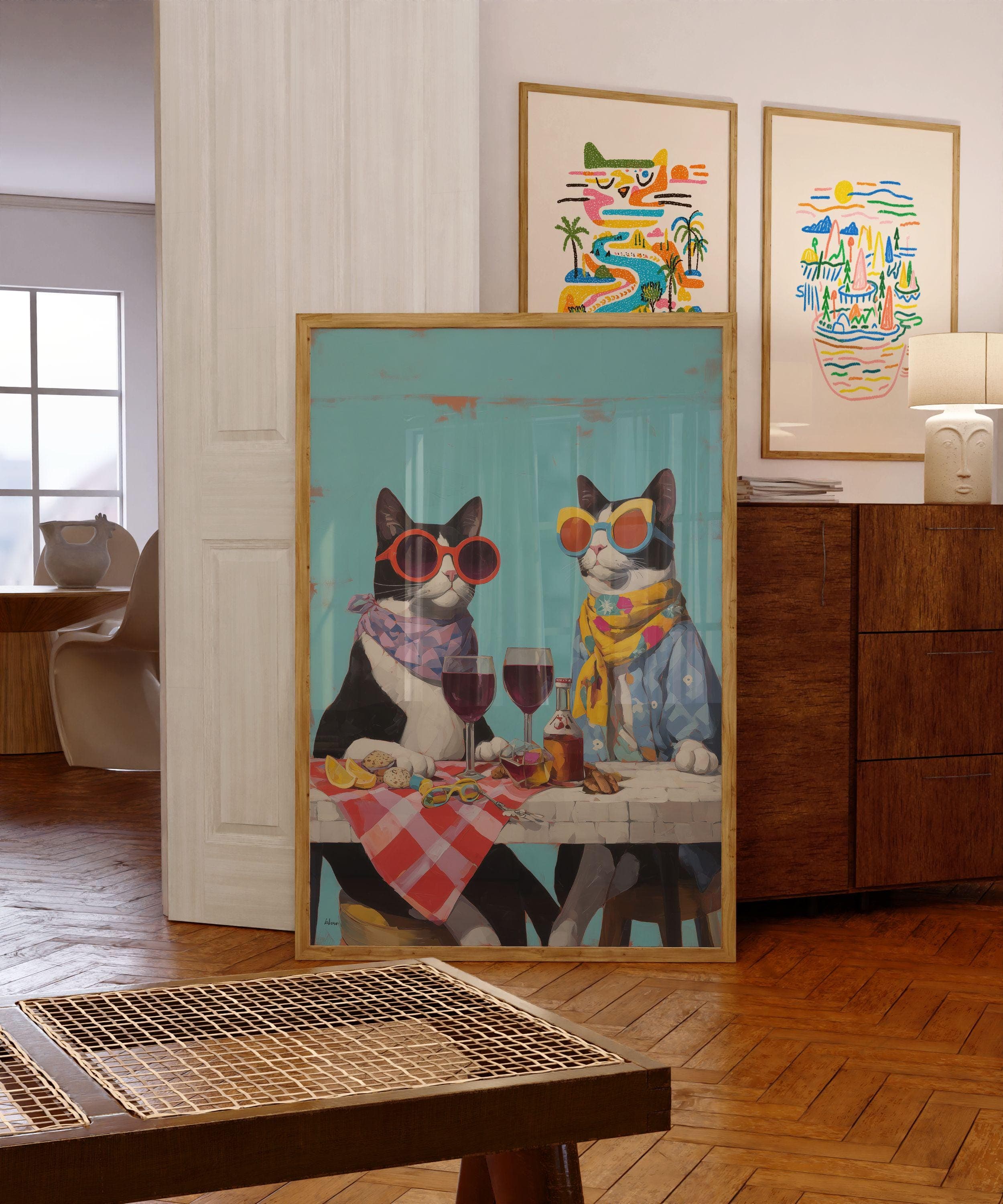 Funny Cat Couple Wall Art, Whimsical Cat Wine Print, Colorful Animal Painting, Dining Room Kitchen Decor, Stylish Pet Art, Quirky Cat Decor