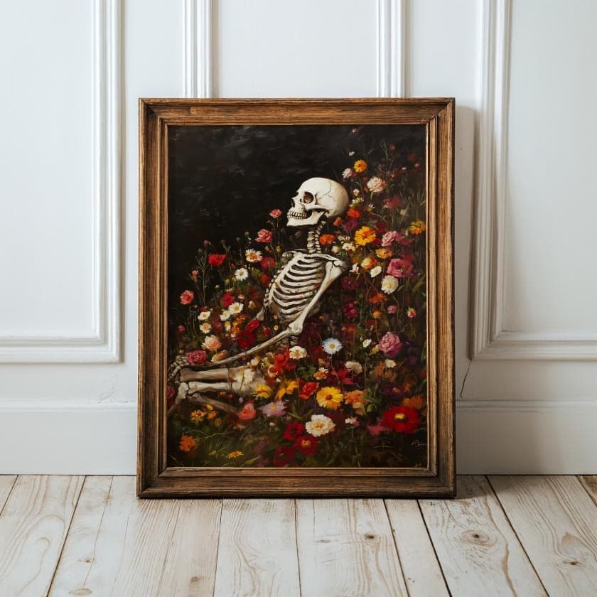 Floral Skull and Skeleton Print – Dark Academia Art, Floral Skeleton Gothic Print, Vintage Skeleton Decor, Digital Download, Dark Academia