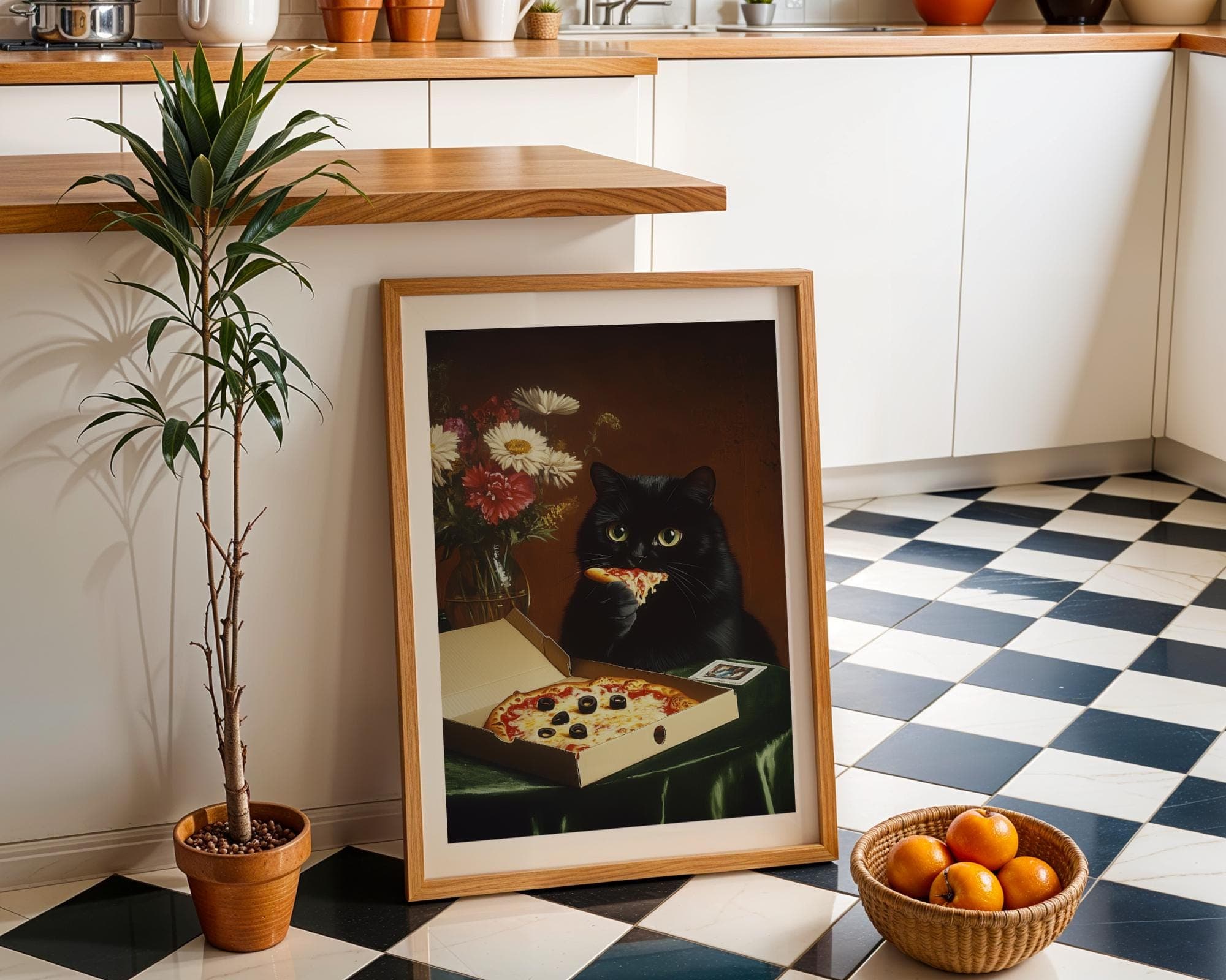 Funny Black Cat Wall Art, Humorous Cat Wall Art, Pizza Lover Gift, Dark Academia Cat Wall Art, Quirky Dining Room Poster, Digital Download - view 2