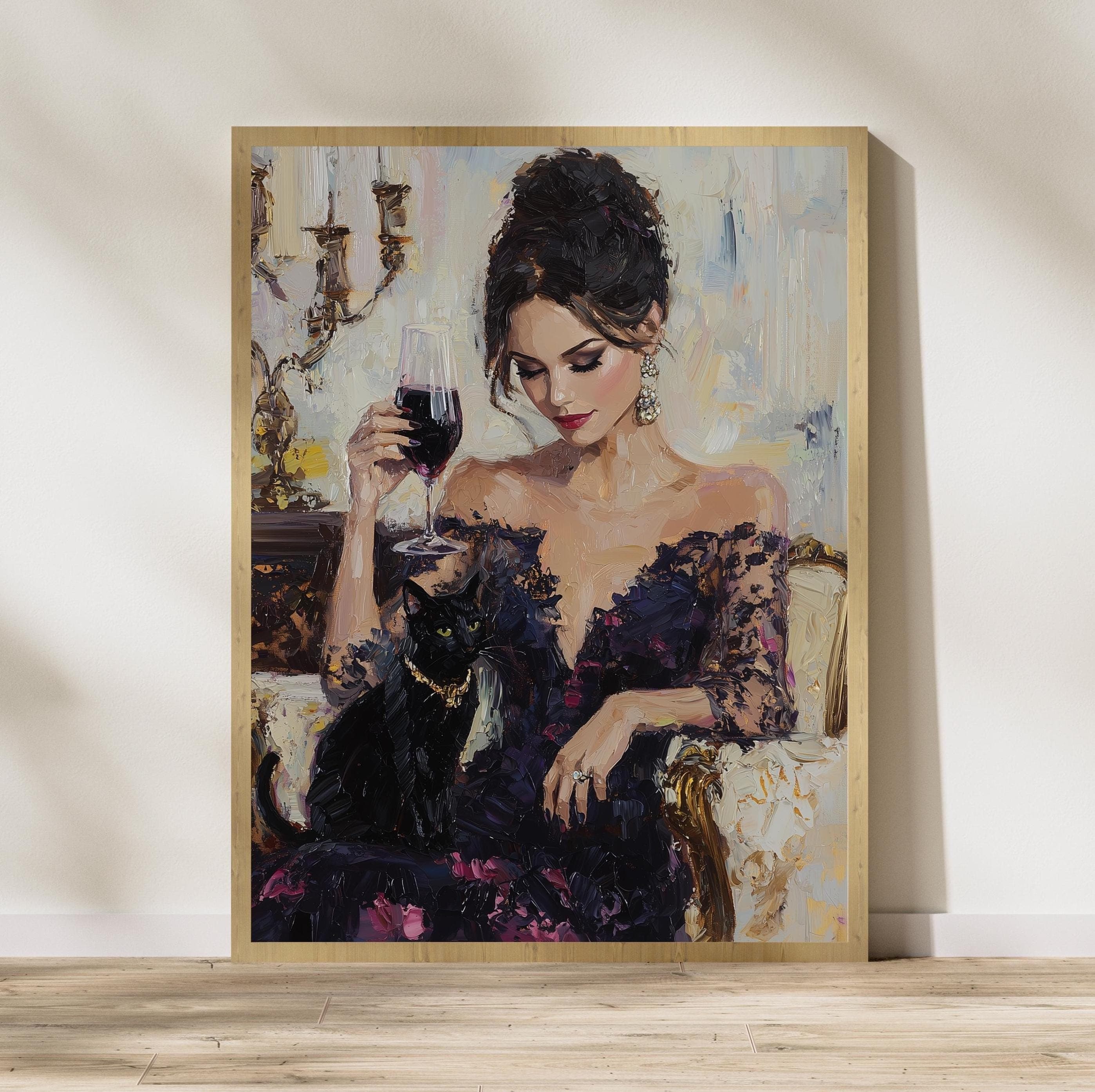 Classic Cat and Woman Art, Oil Painting Digital Art, Chic Lady with Black Cat Art, Vintage Glam Wall Art, Decorative Wall Art, Wine Poster