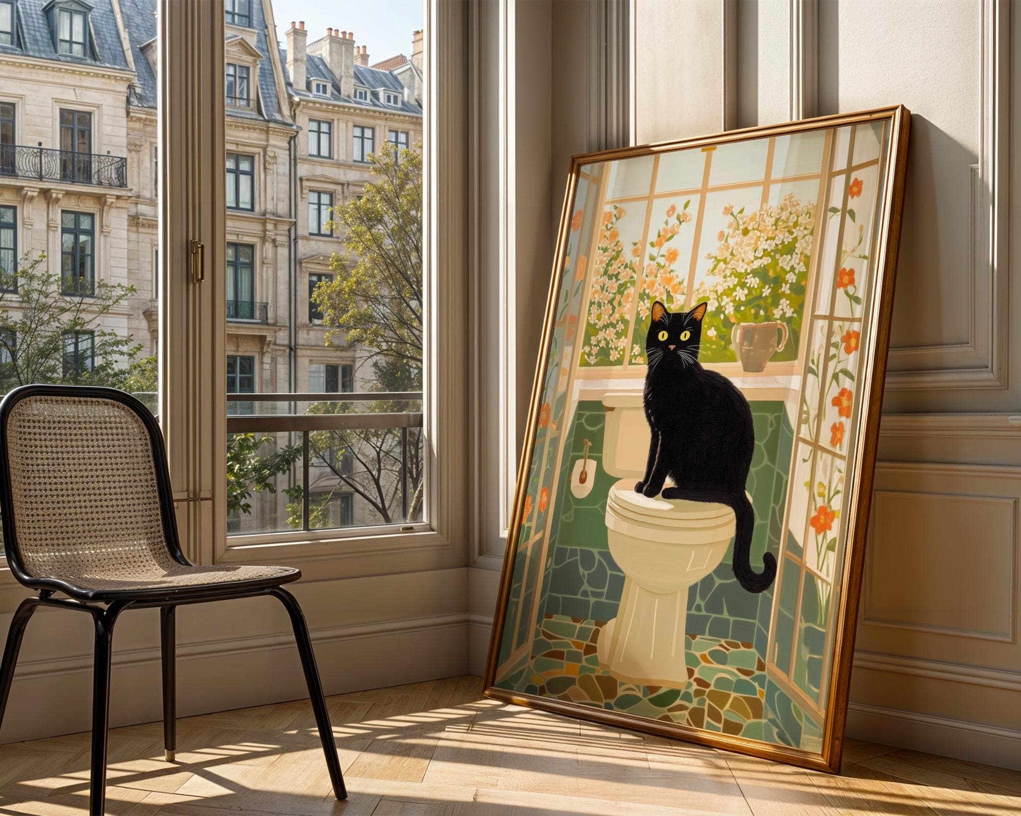 Toilet Cat Print Funny, Orange Painting Poster, Animal Wall Art, Digital Wall Art, Bathroom Wall Art, Cat in Toilet Art, Maximalist Cat Art - view 4