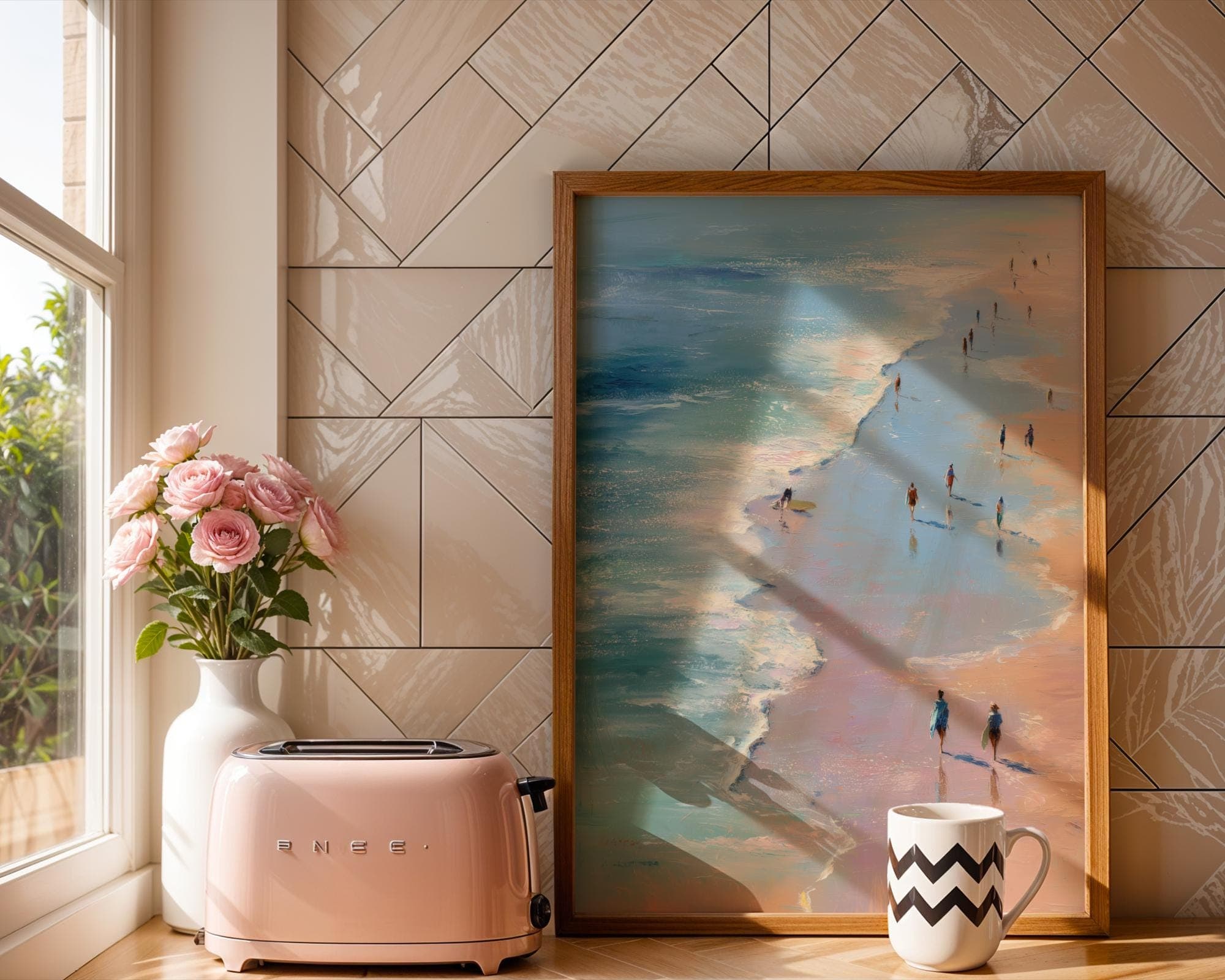 Beach Walk Painting Print – Coastal Wall Art with People, Ocean and Pastel Tones, Pastel Coastal Art Print, Minimalist Beach Painting - view 7