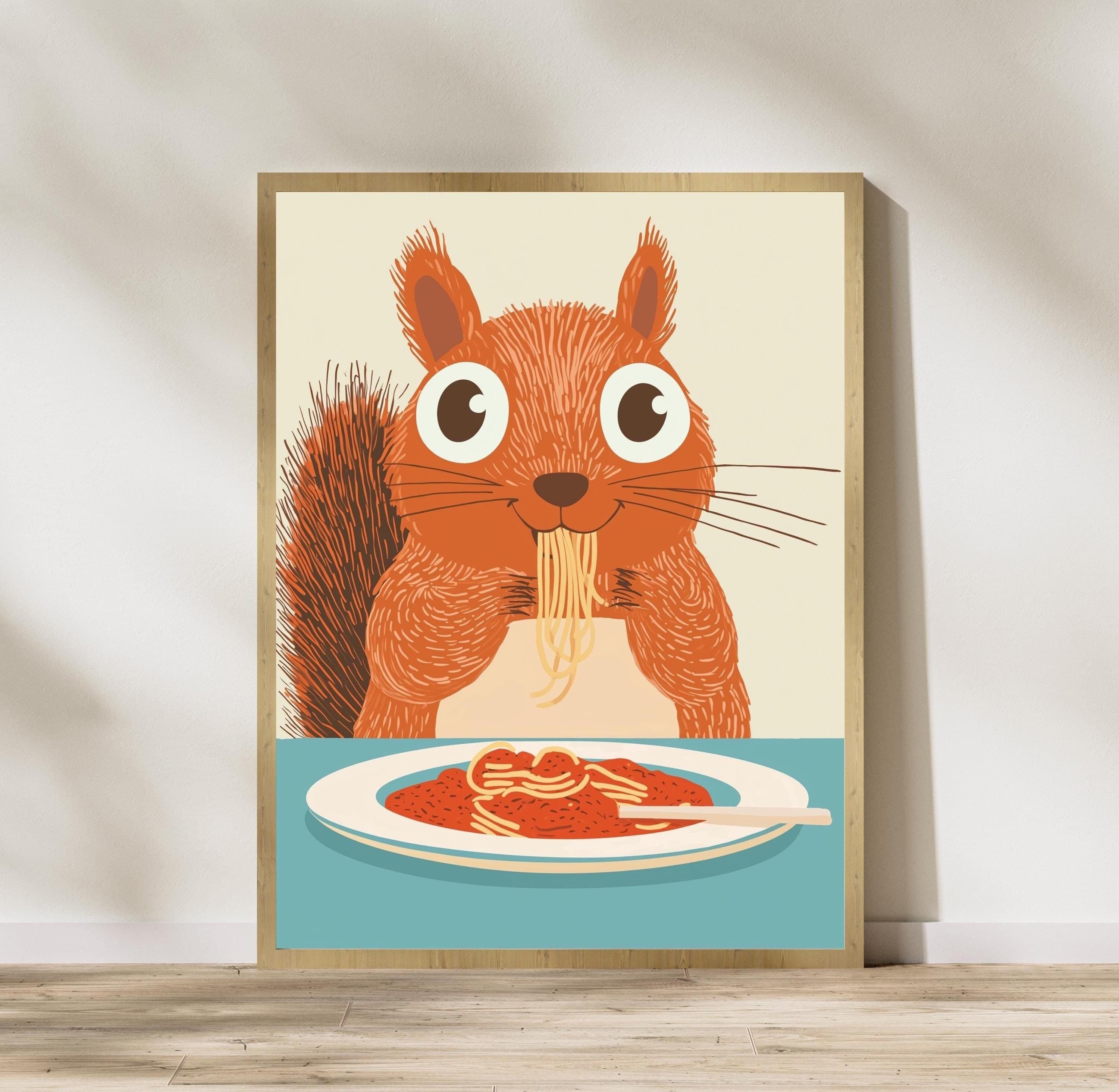 Squirrel Spaghetti Art Print,Whimsical Squirrel Kitchen Decor, Squirrel Pasta Print,Charming Squirrel Kitchen Print, Maximalist Squirrel Art