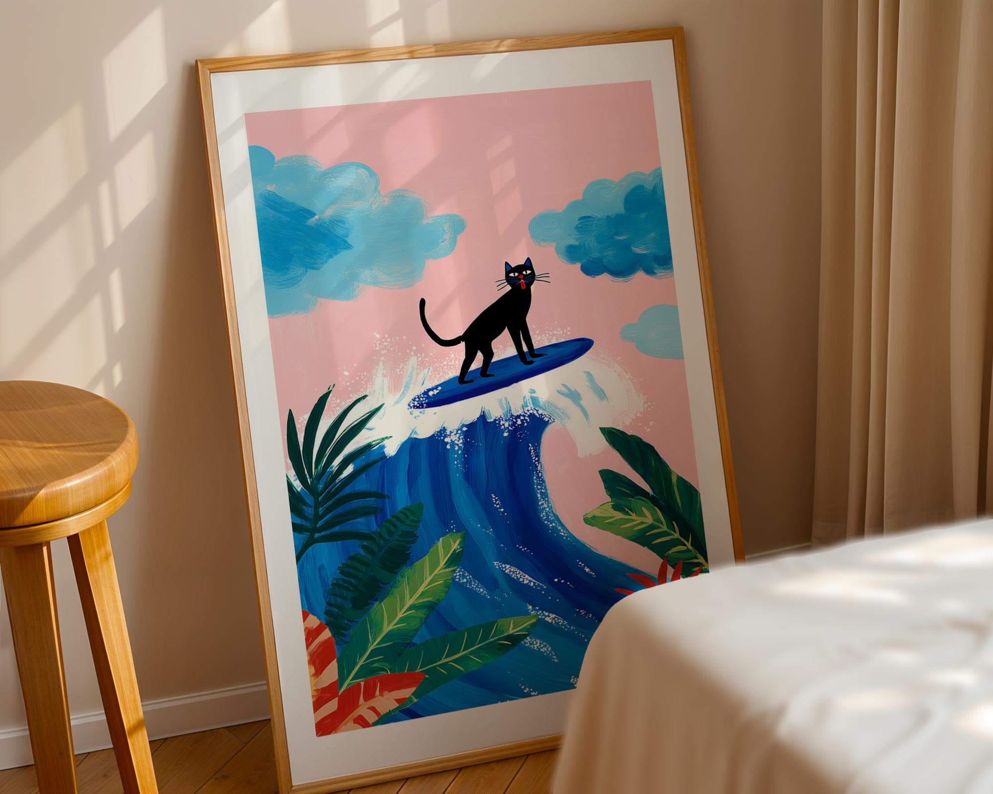 Surfing Black Cat Print – Tropical Pop Art Poster, Funny Surf Cat Wall Art, Tropical Coastal Decor, Modern Beach Art, Quirky Cat Poster - view 4