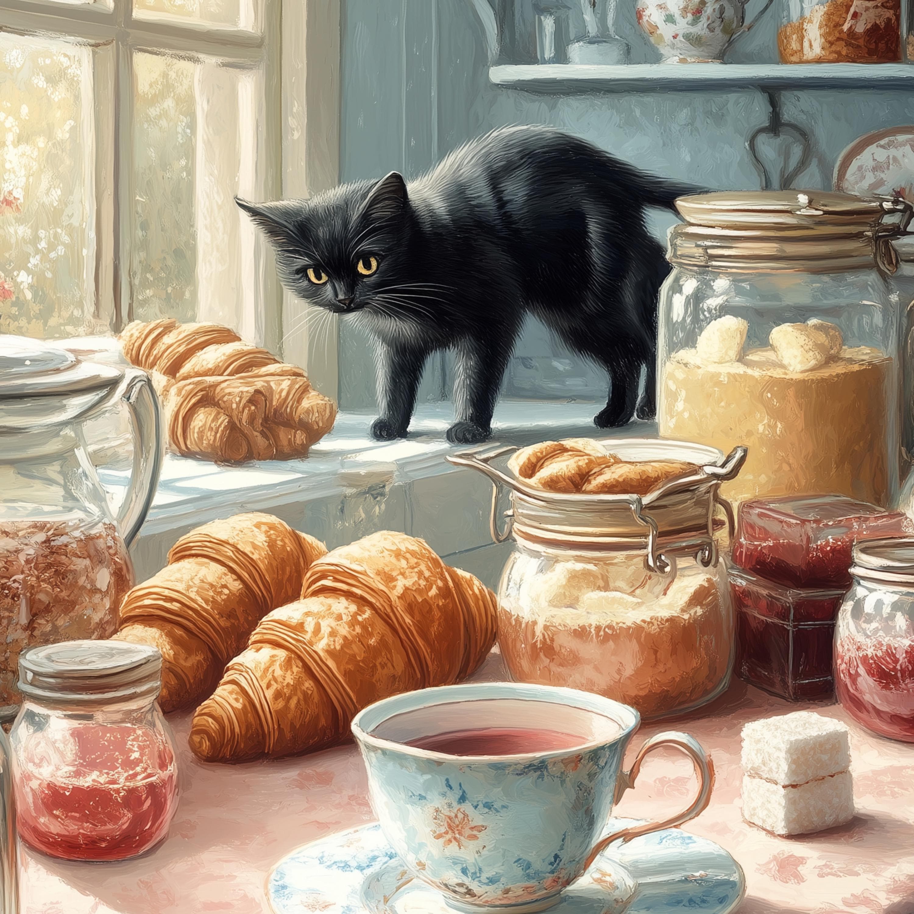Whimsical Black Cat with Pastries Art, Farmhouse Kitchen Art, Digital Animal Wall Art, Black Cat Kitchen Poster, Kitchen Wall Decor - view 2