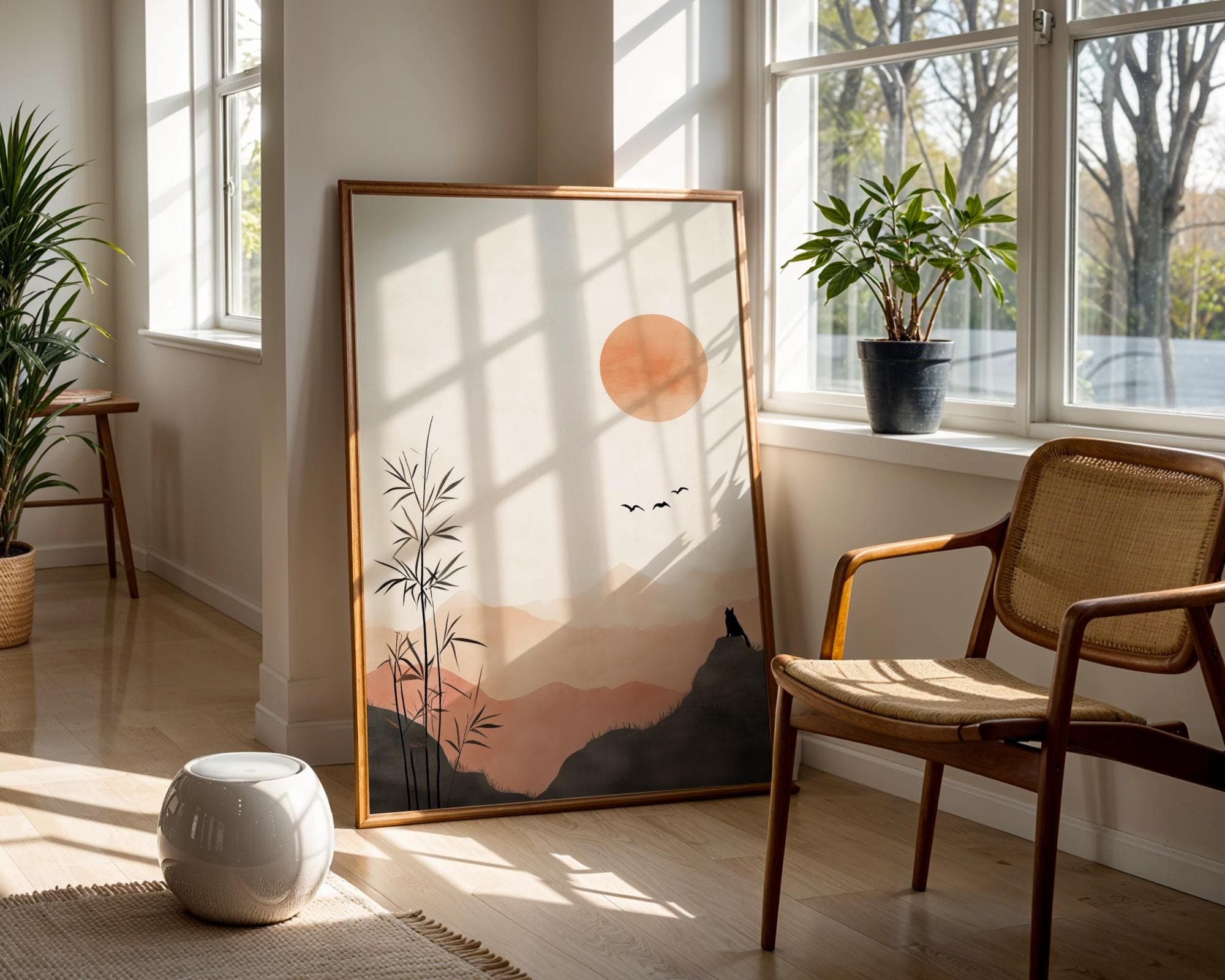 Minimalist Japanese Sunset Wall Art, Bamboo and Cat Silhouette Wall Decor, Wabi Sabi Wall Art, Japandi Digital Wall Art, Zen Wall Art - view 5