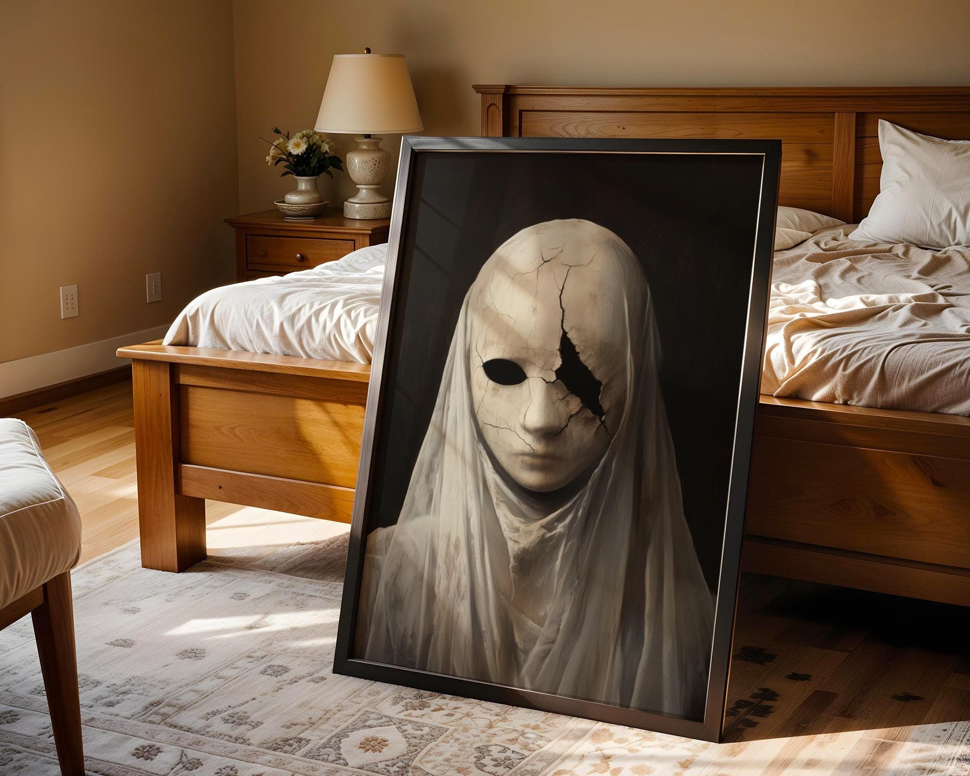 Haunting Veiled Mask Art, Surreal Masked Woman Wall Art, Surreal Gothic Wall Decor, Haunted Portrait Wall Print, Dark Academia Decor - view 2