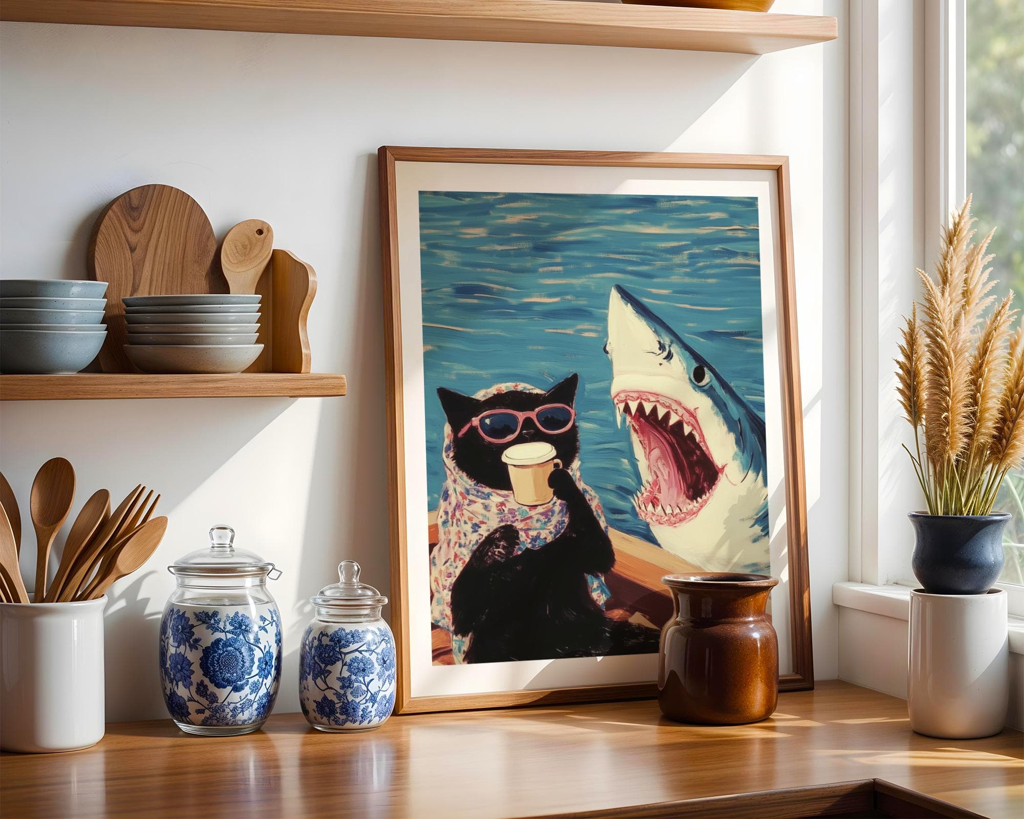 Funny Black Cat and Shark Wall Art, Funny Animal Art, Quirky Art Print, Quirky Cat Poster, Maximalist Cat Wall Art, Humorous Poster, Digital - view 2