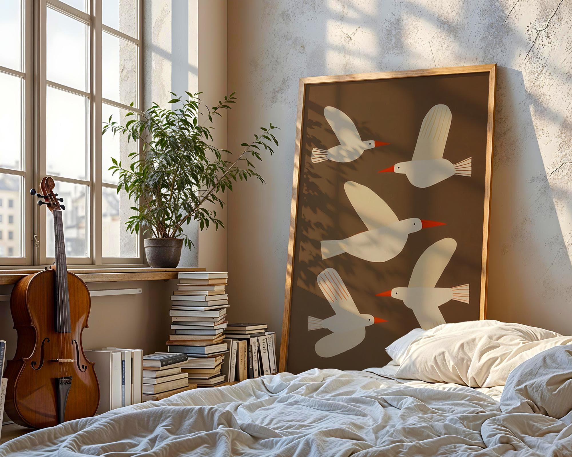 Flying Birds Wall Art, Modern Minimalist Seagull Print, Seagull Wall Art, Brown Background Bird Illustration Decor, Rustic Flying Bird Print - view 4