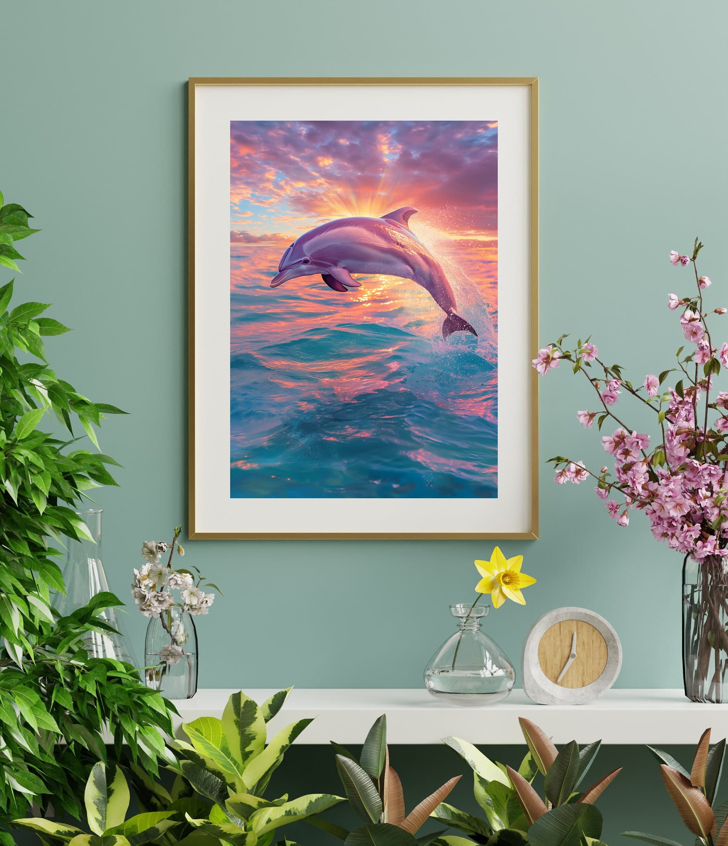 Dolphin Sunset Poster, Oil Painting, Dolphin Digital Printable Wall Art, Dolphin Digital Wall Art, Aesthetic Art Bathroom, Bathroom Decor - view 3