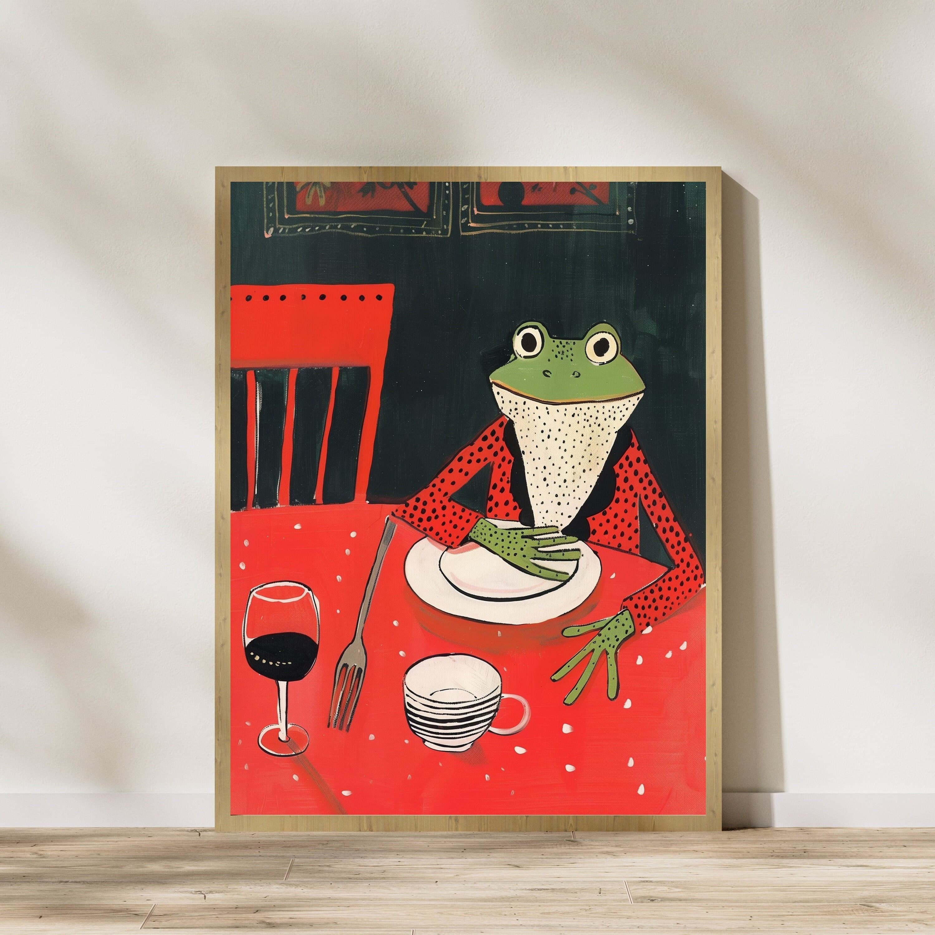 Frog at the Dinner Print, Frog Doing Things, Animal Lover Gift, Funny Frog Poster, Abstract Art, Minimalist Frog Art, Pet Lover Unique Gift