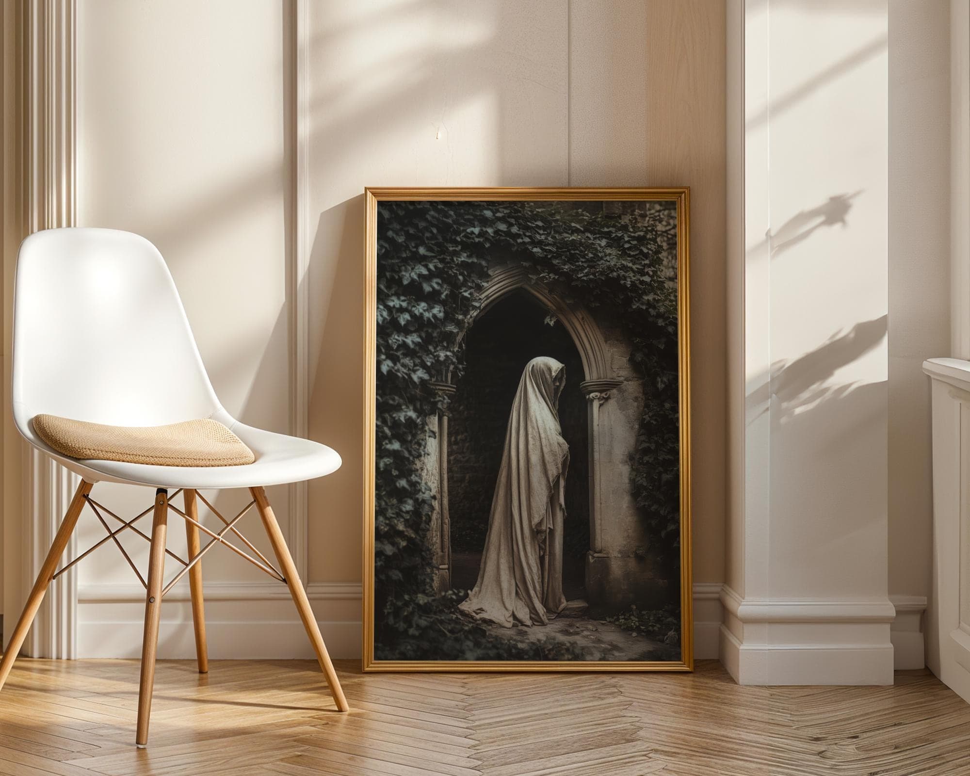 Veiled Woman under Ivy Canvas – Moody Gothic Portrait for Bedroom Decor, Dark Academia Wall Print, Vintage Veiled Woman Poster, Digital Art - view 2