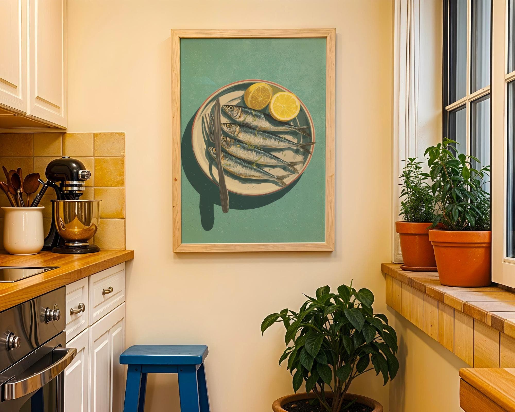 Mediterranean Sardine Plate – Rustic Coastal Kitchen Art, Mediterranean Coastal Wall Print, Sardines Painting, Digital Download, Sardine Art - view 5