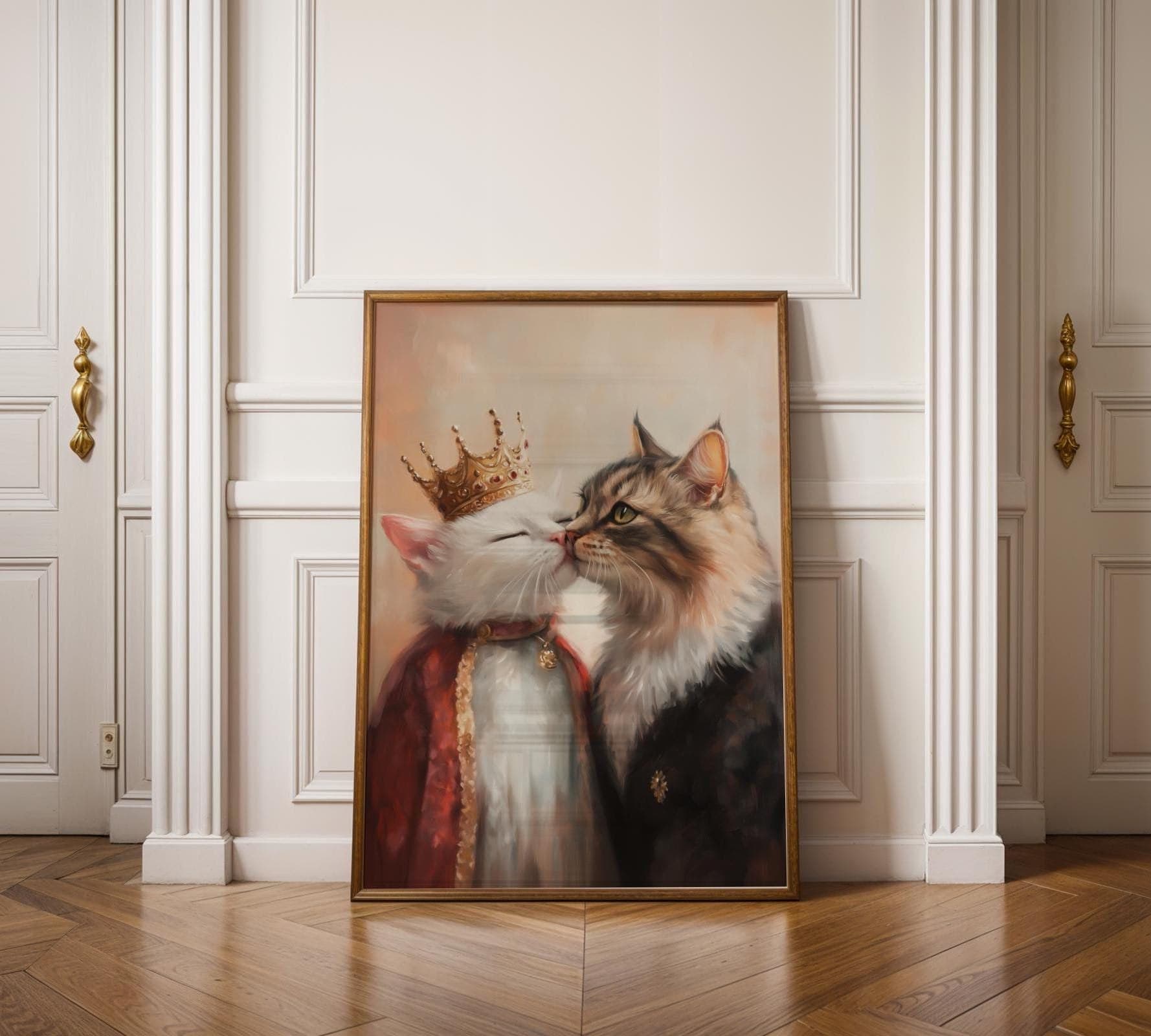 Royal Cat Couple Wall Art, Cat Couple Painting, Quirky Cat Poster, Regal Cats Painting, Whimsical Couple Decor, Fantasy Art, Cat Print