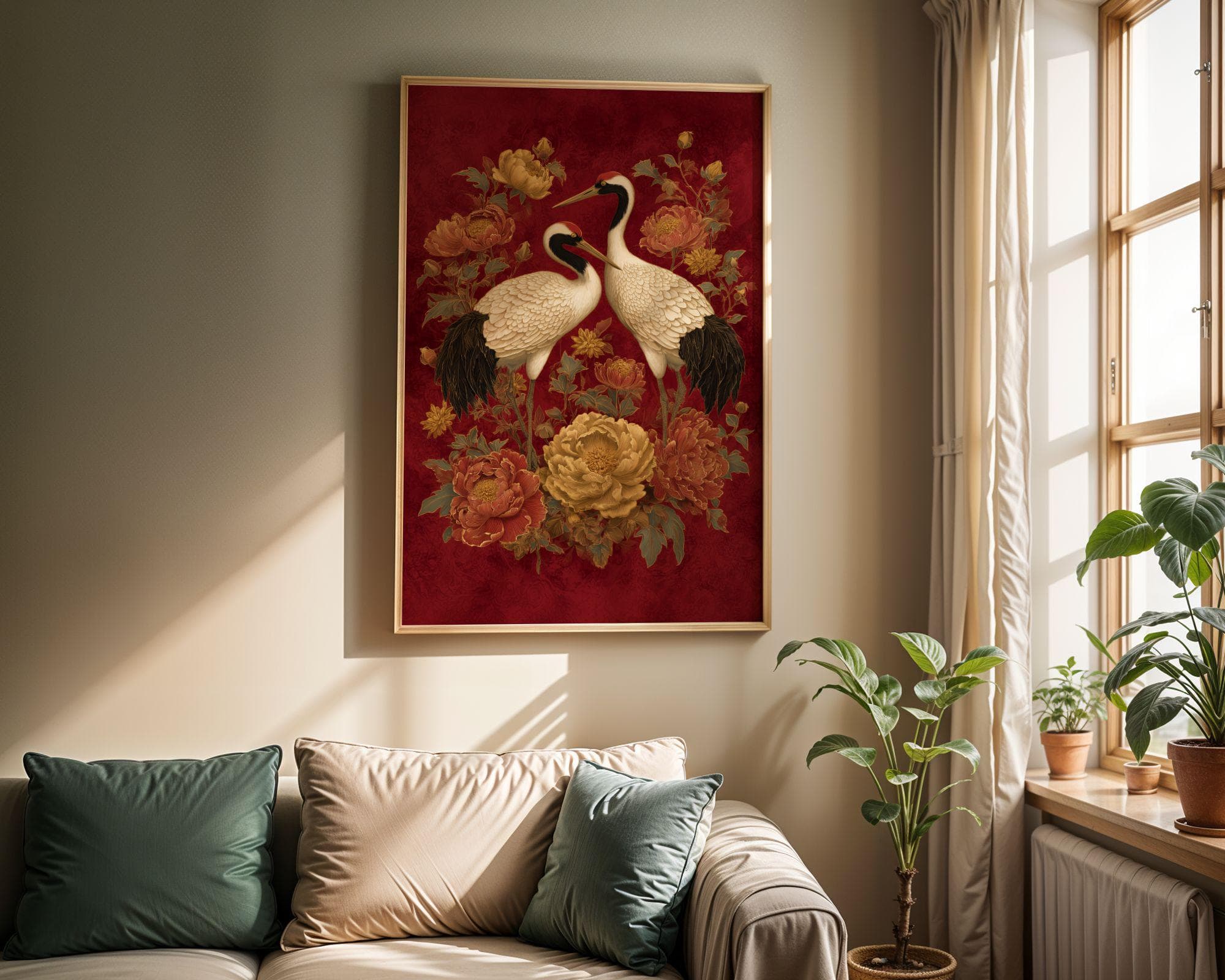Crane Wall Art Red Gold Oriental Painting, Japanese Crane Wall Art, Red Gold Asian Bird Painting, Peony Flower Art, Oriental Decor, Japandi - view 8