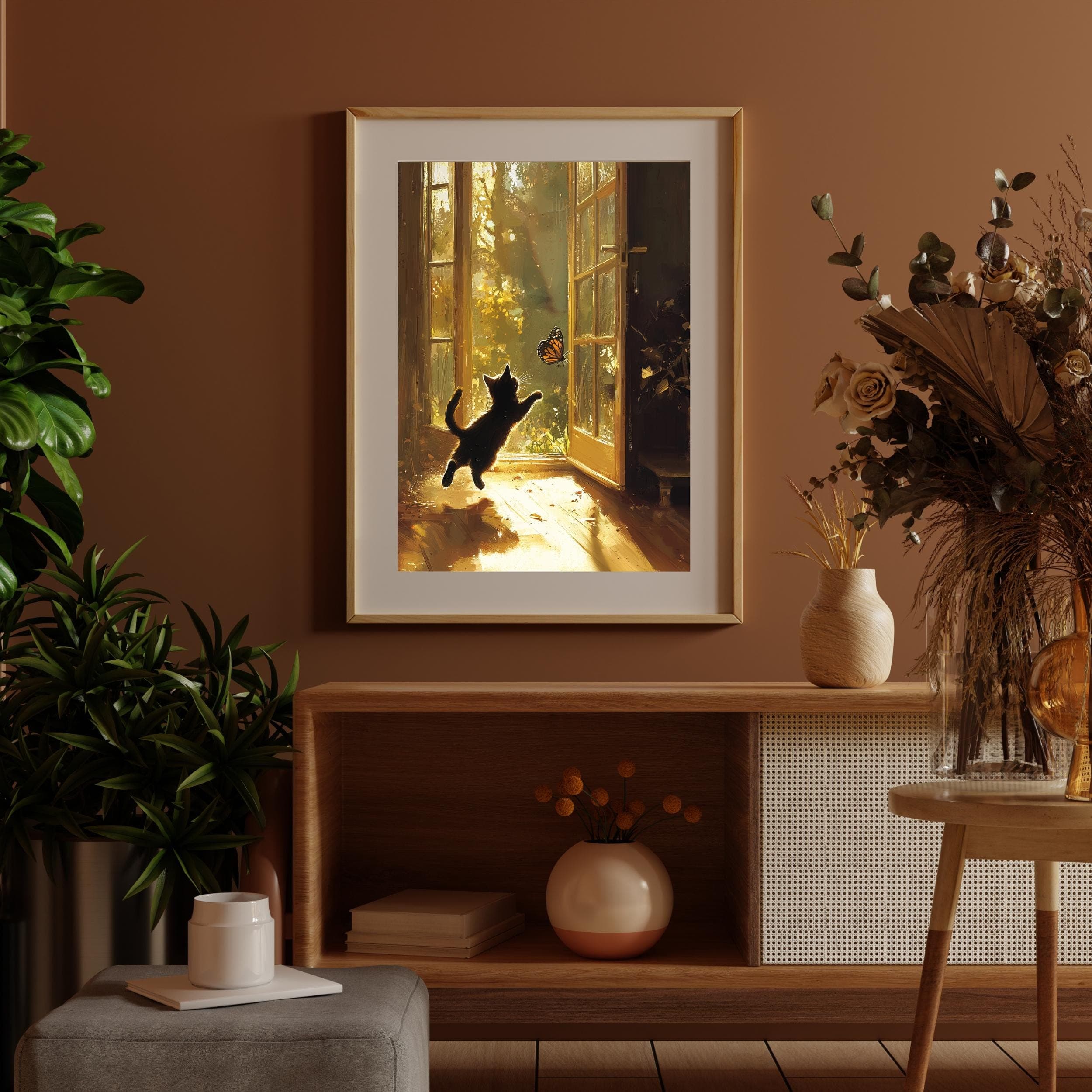 Whimsical Kids Wall Art, Black Cat in Sunlight, Butterfly Wall Art for Kids, Whimsical Black Kitten and Butterfly Art, Kids Room Decor - view 5