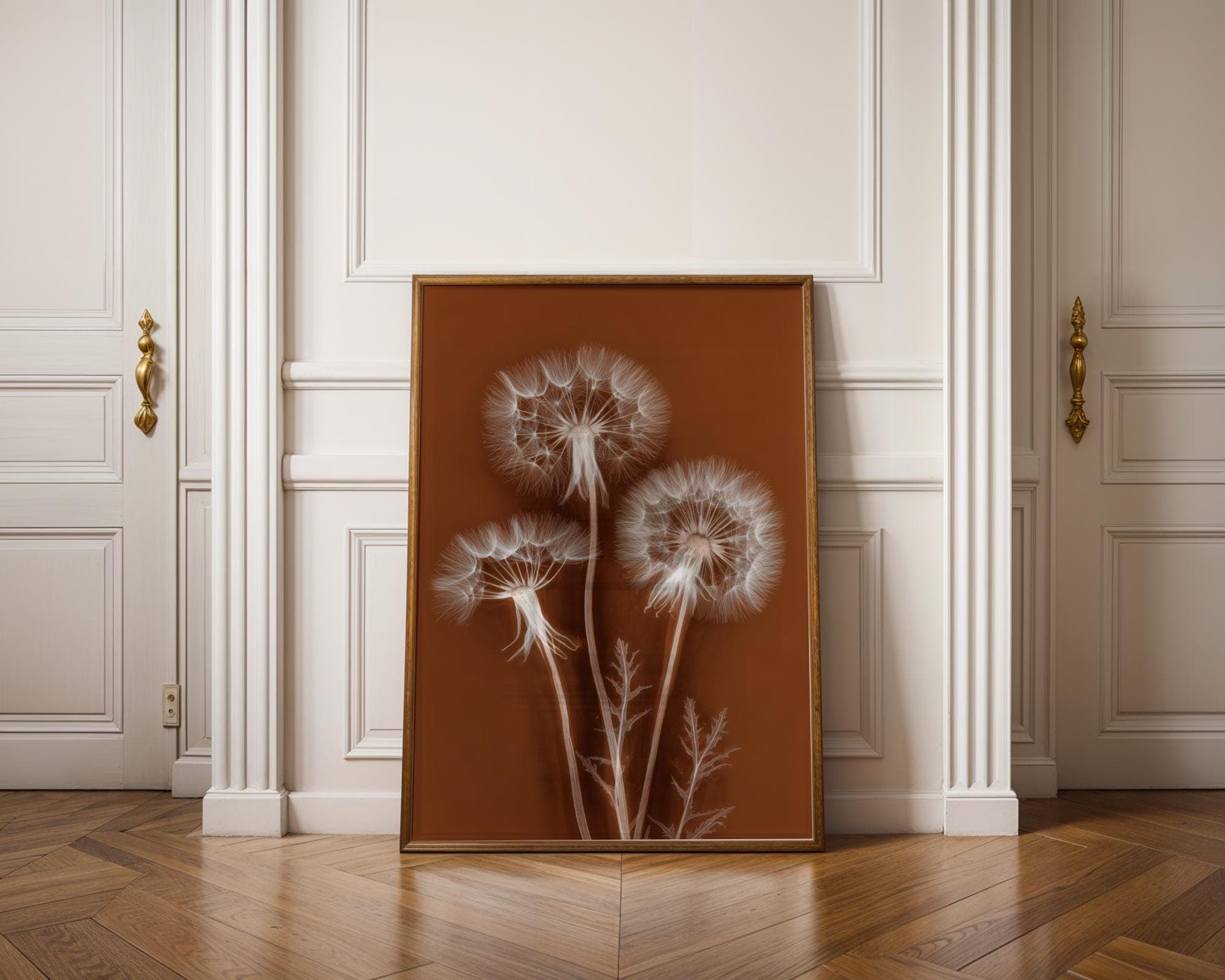 X Ray Dandelion Wall Art Botanical Radiograph Poster in Sepia Brown Modern Minimal Decor, Botanical Print on Rust Background, Nature Print
