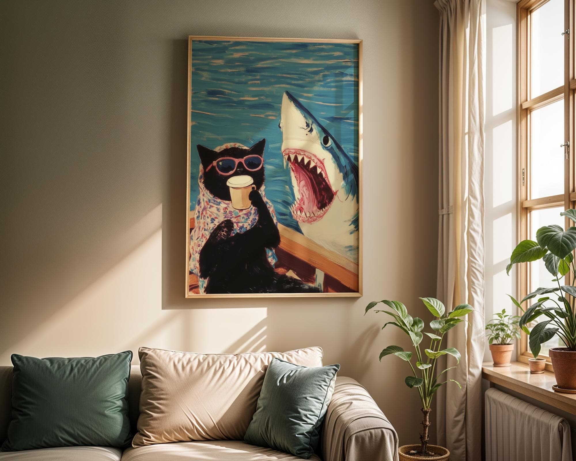 Funny Black Cat and Shark Wall Art, Funny Animal Art, Quirky Art Print, Quirky Cat Poster, Maximalist Cat Wall Art, Humorous Poster, Digital - view 5