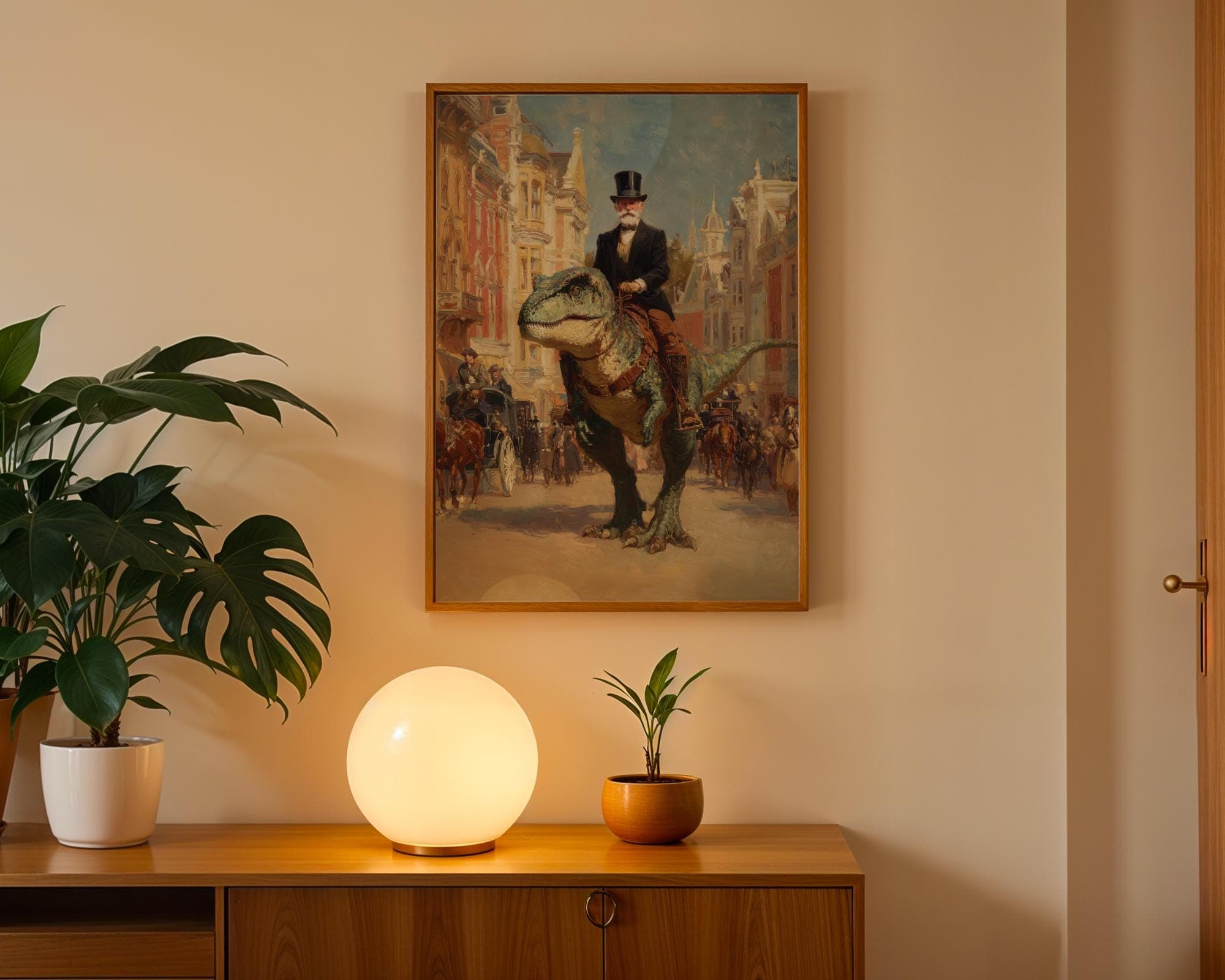 Victorian Gentleman Riding Dinosaur Wall Art, Historical Surrealism Home Decor, Funny Vintage Printable Art, Surrealist Digital Art - view 3