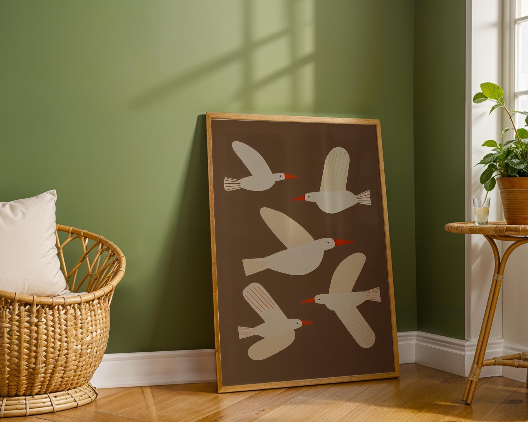 Flying Birds Wall Art, Modern Minimalist Seagull Print, Seagull Wall Art, Brown Background Bird Illustration Decor, Rustic Flying Bird Print - view 5