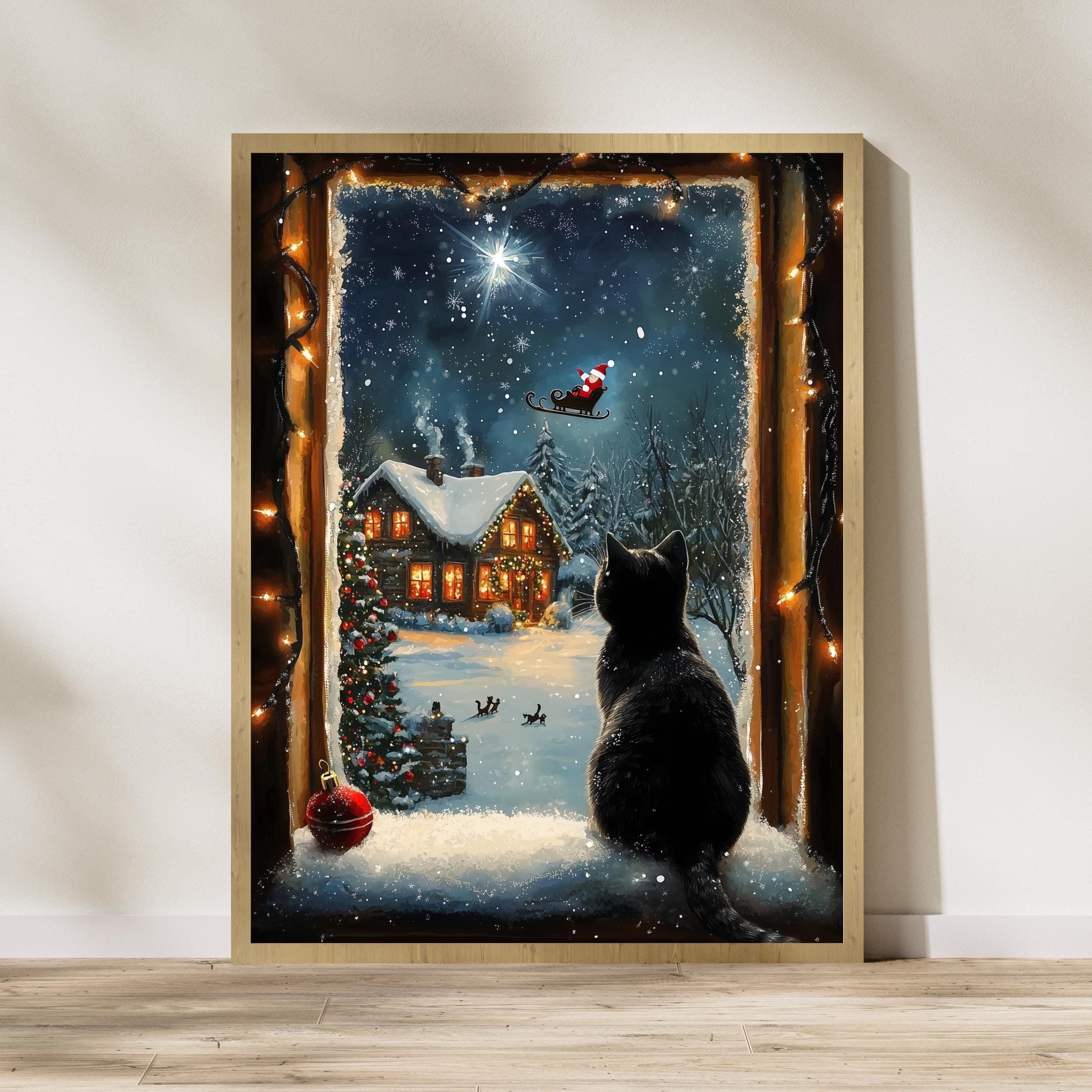 Black Cat Christmas Art Print: Santa, Snowy Cabin (Digital Download)