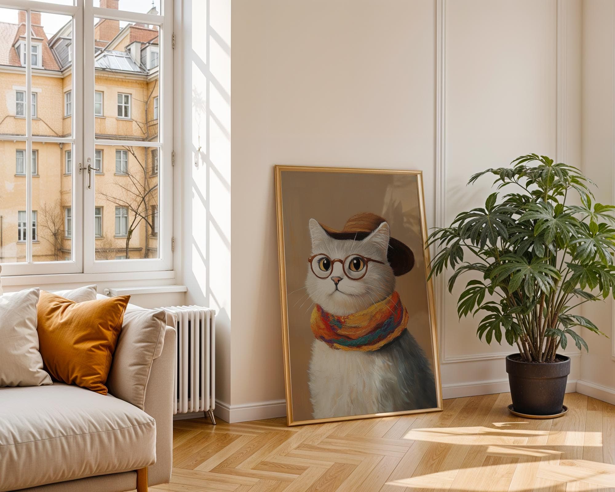 cool hipster cat art print brown | retro print | vintage art | cool cat poster | cat print | trendy decor | digital download | funky art - view 3
