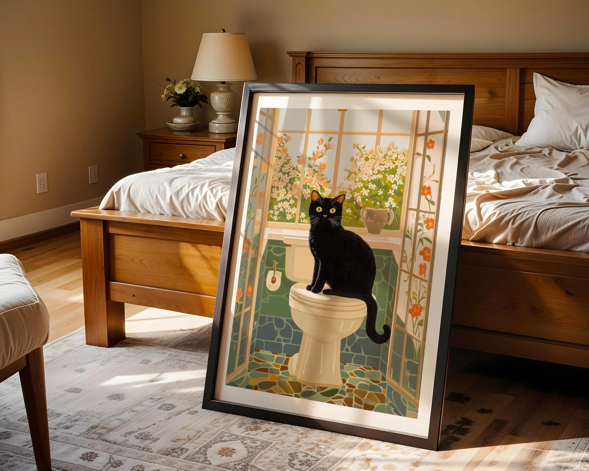 Toilet Cat Print Funny, Orange Painting Poster, Animal Wall Art, Digital Wall Art, Bathroom Wall Art, Cat in Toilet Art, Maximalist Cat Art - view 5