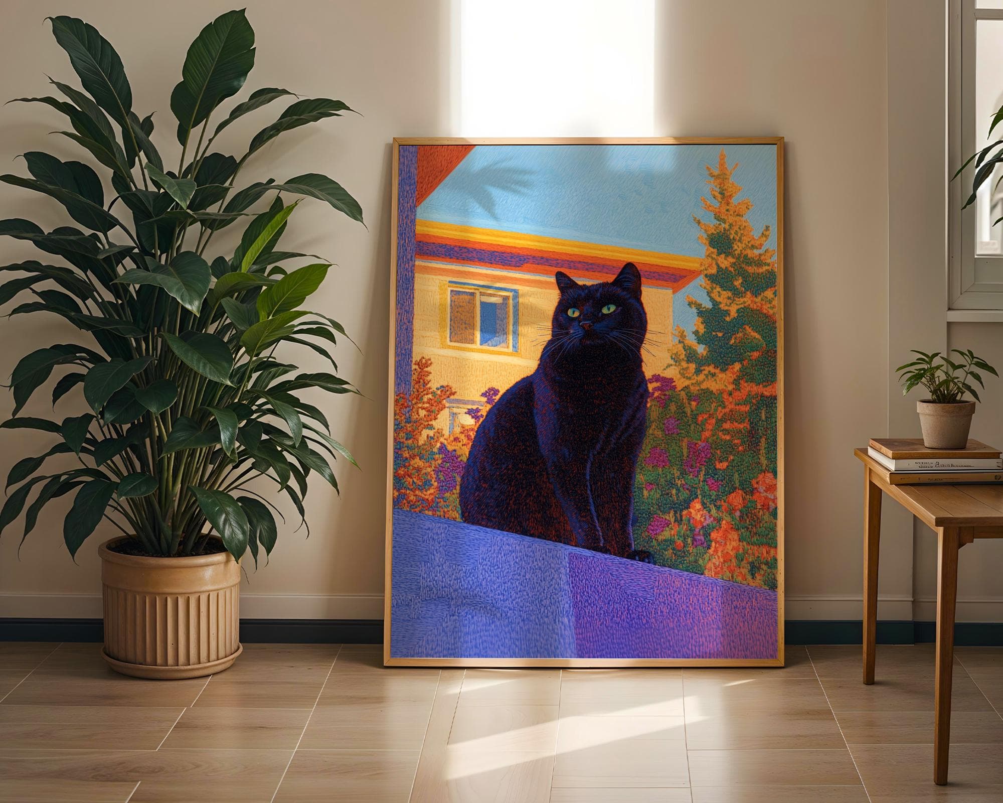 Retro Black Cat on Balcony Art, Unique Wall Art, Retro Wall Poster, Retro-Style Black Cat Painting, Quirky Cat Poster, Printable Black Cat - view 6