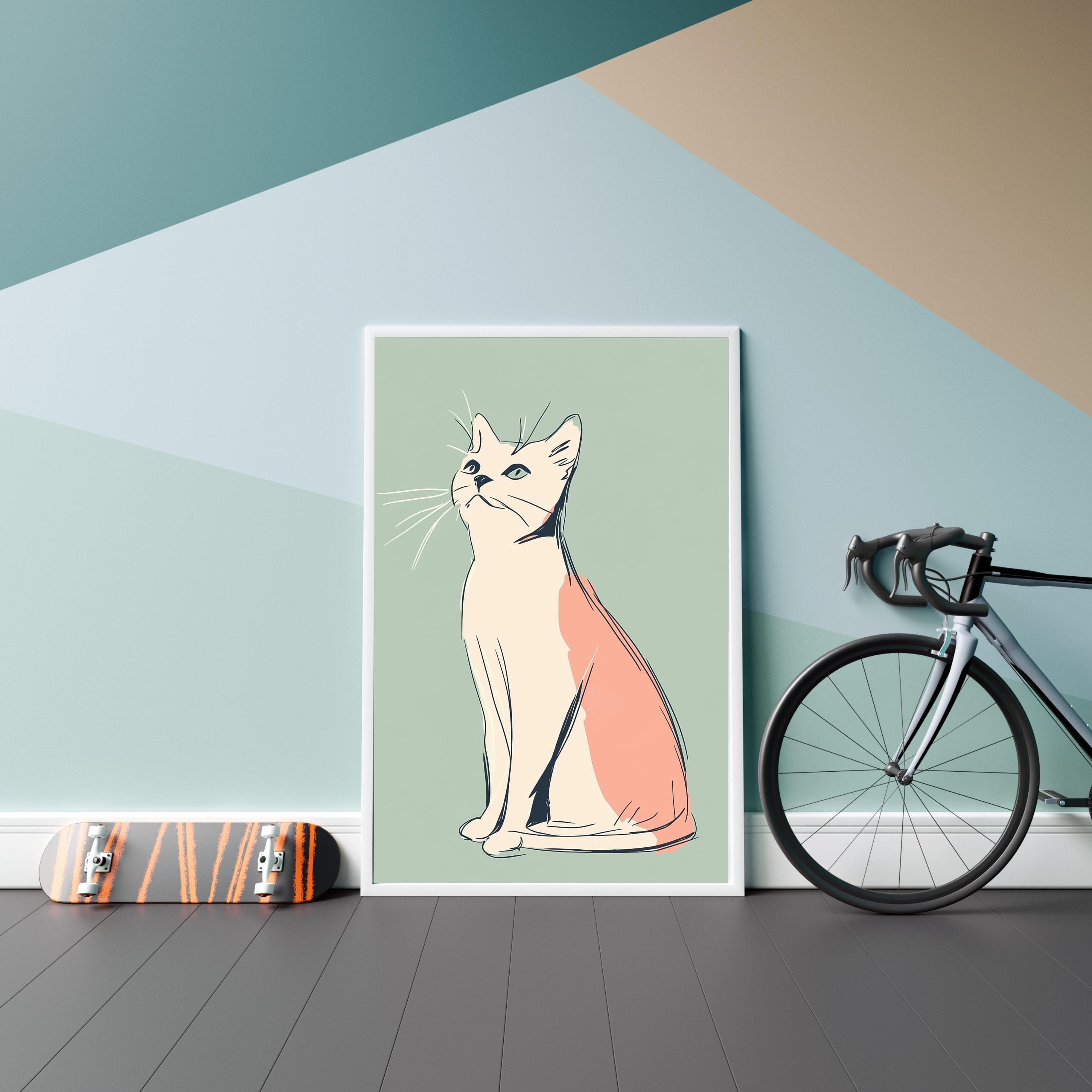 Minimalist Cat Art, Modern Cat Wall Art, Pastel Colored Cat Illustration, Chic Cat Poster, Modern Cat Line Drawing, Peach and Mint Green Art - view 6