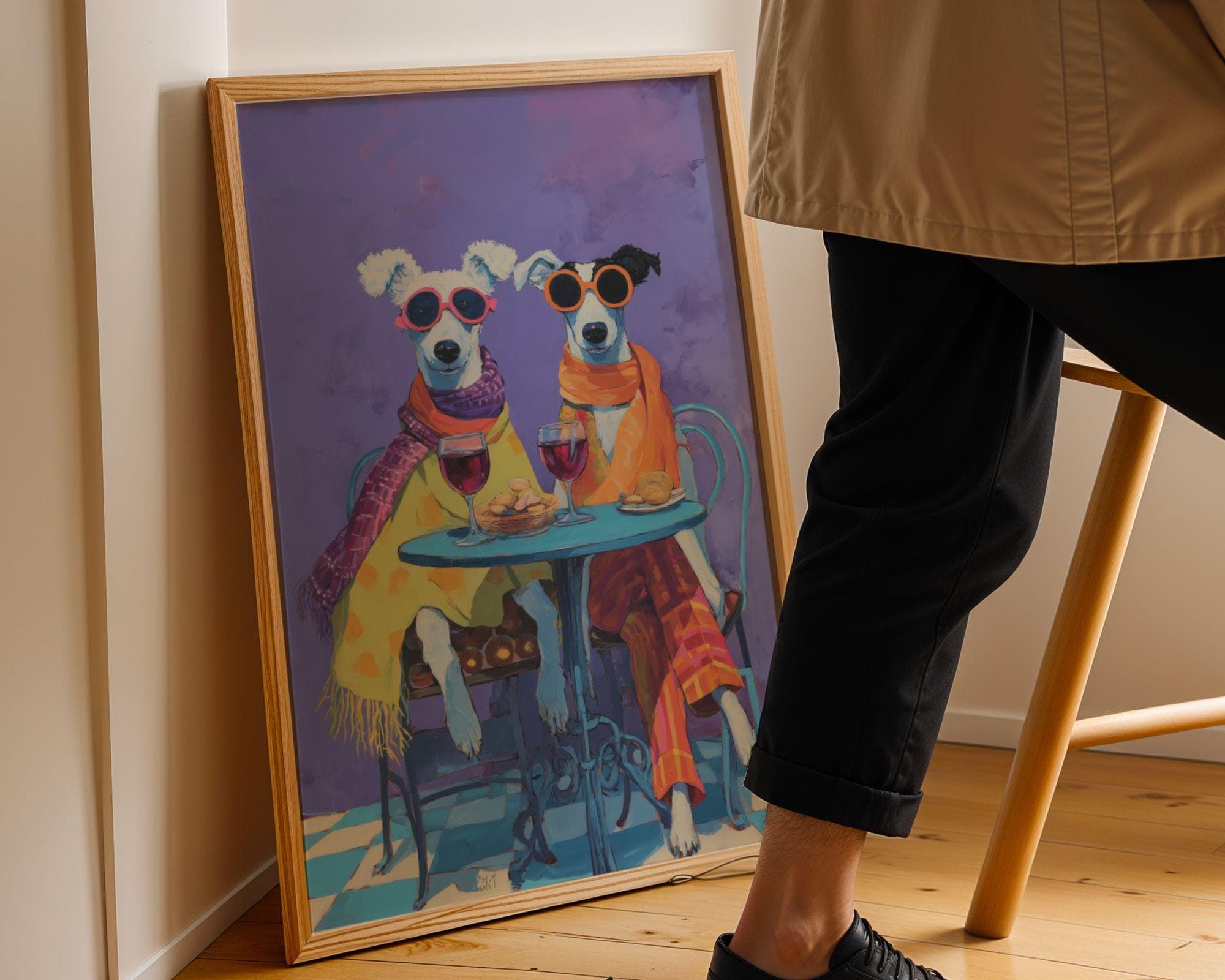 Funny Dog Couple Wine Wall Art, Quirky Dogs Kitchen Wall Art, Funny Animal Dog Painting, Whimsical Dog Couple Art, Wine Lover Gift, Dog Art - view 7