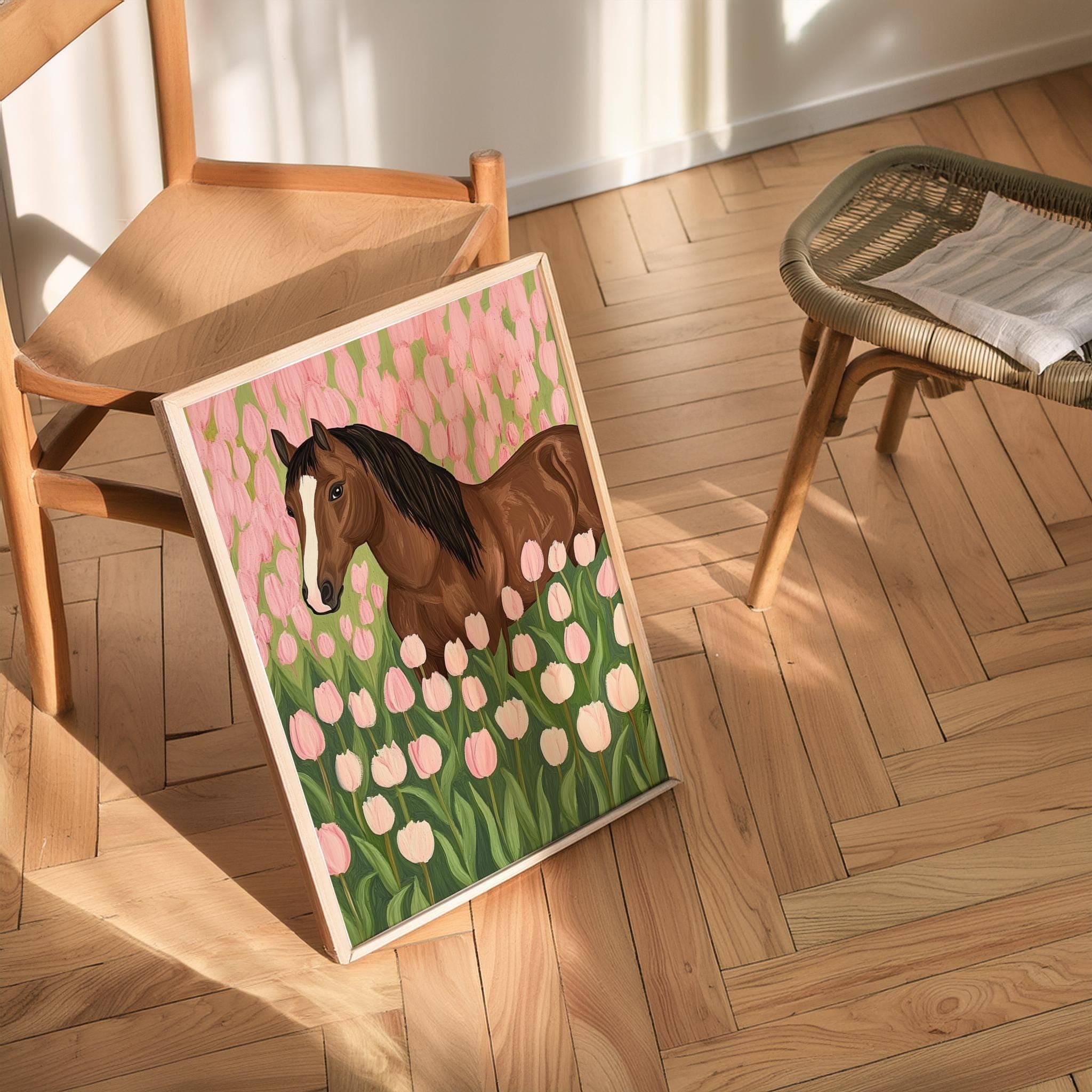Floral Horse Art Print, Horse in Pink Tulip Field Poster, Farmhouse Horse and Floral Art, Pink Tulip Wall Decor, Pink Wall Art,Horse Digital - view 4