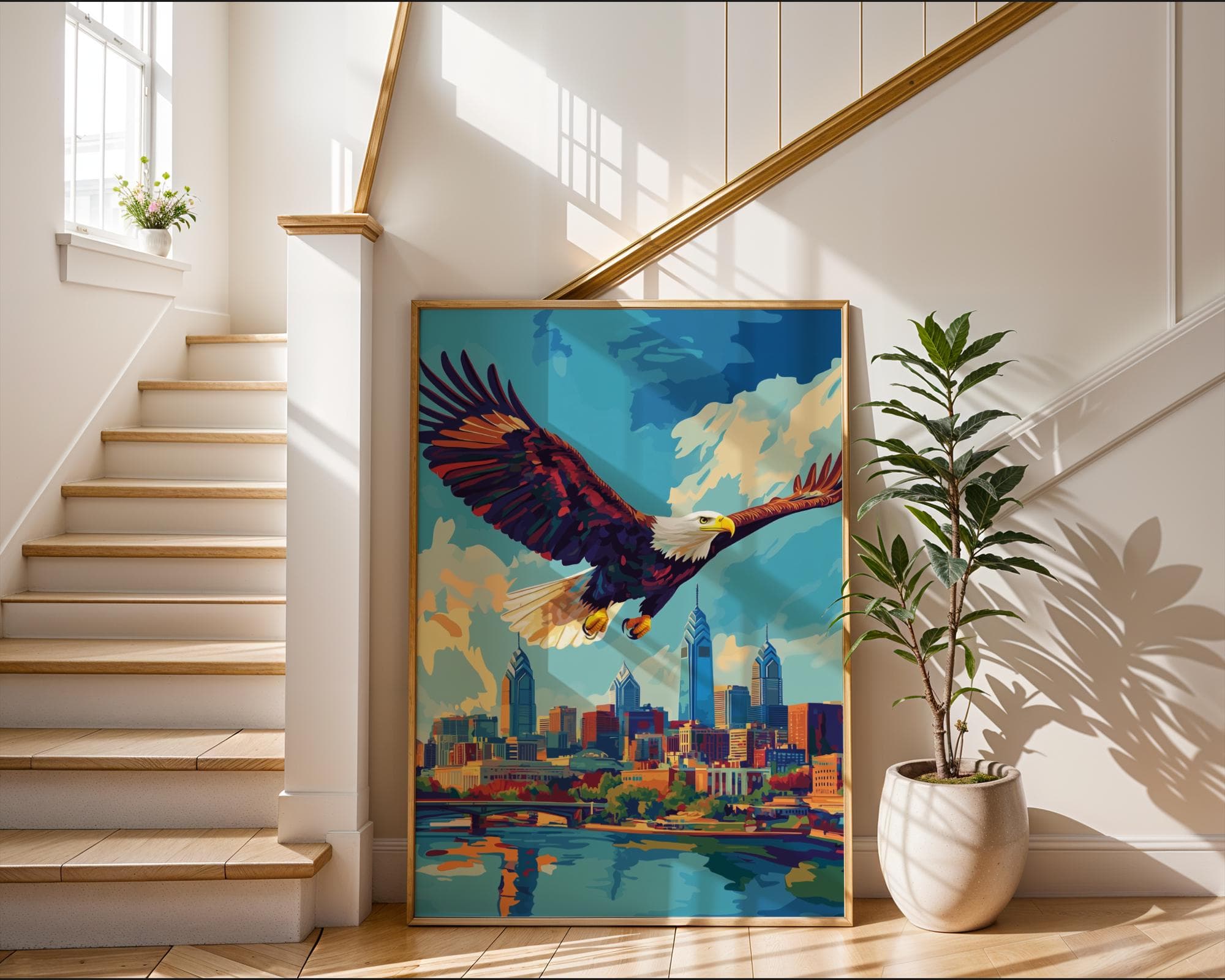 Philadelphia Wall Art, Blue Sky City Poster, Philadelphia Modern Decor, Majestic Eagle Print, Cityscape Painting, Digital Download - view 3
