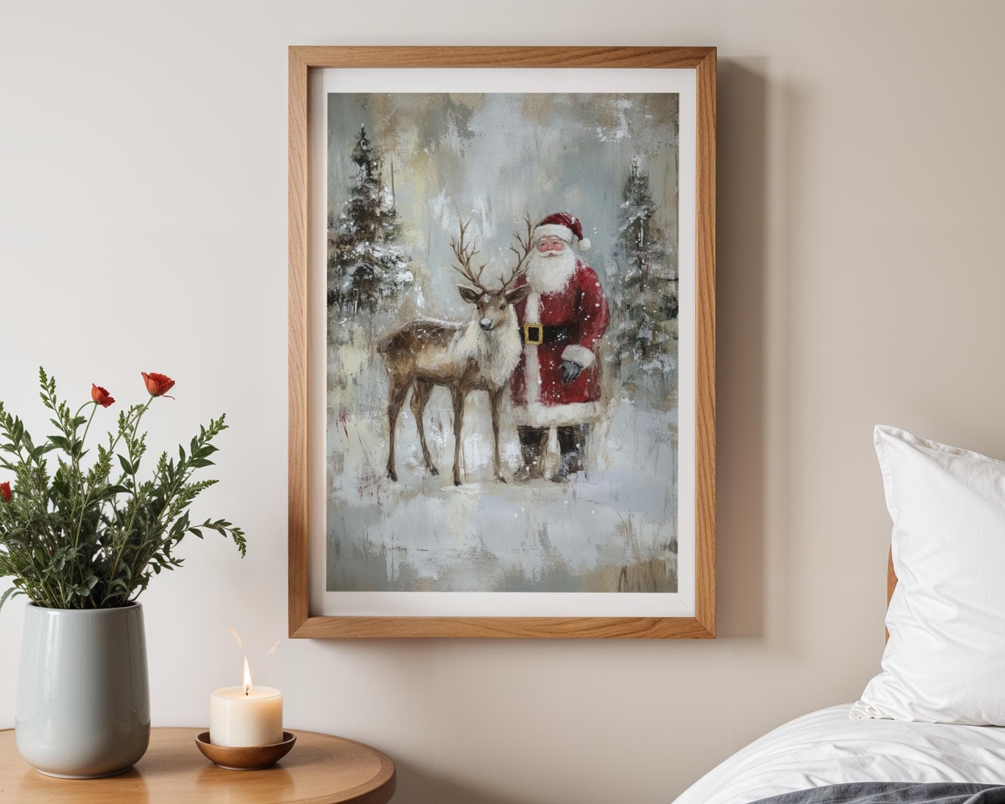Santa Claus Reindeer Wall Art Print, Forest Snowfall in Winter Printable, Christmas Home Decor, Digital Download, Holiday Home Improvement - view 3