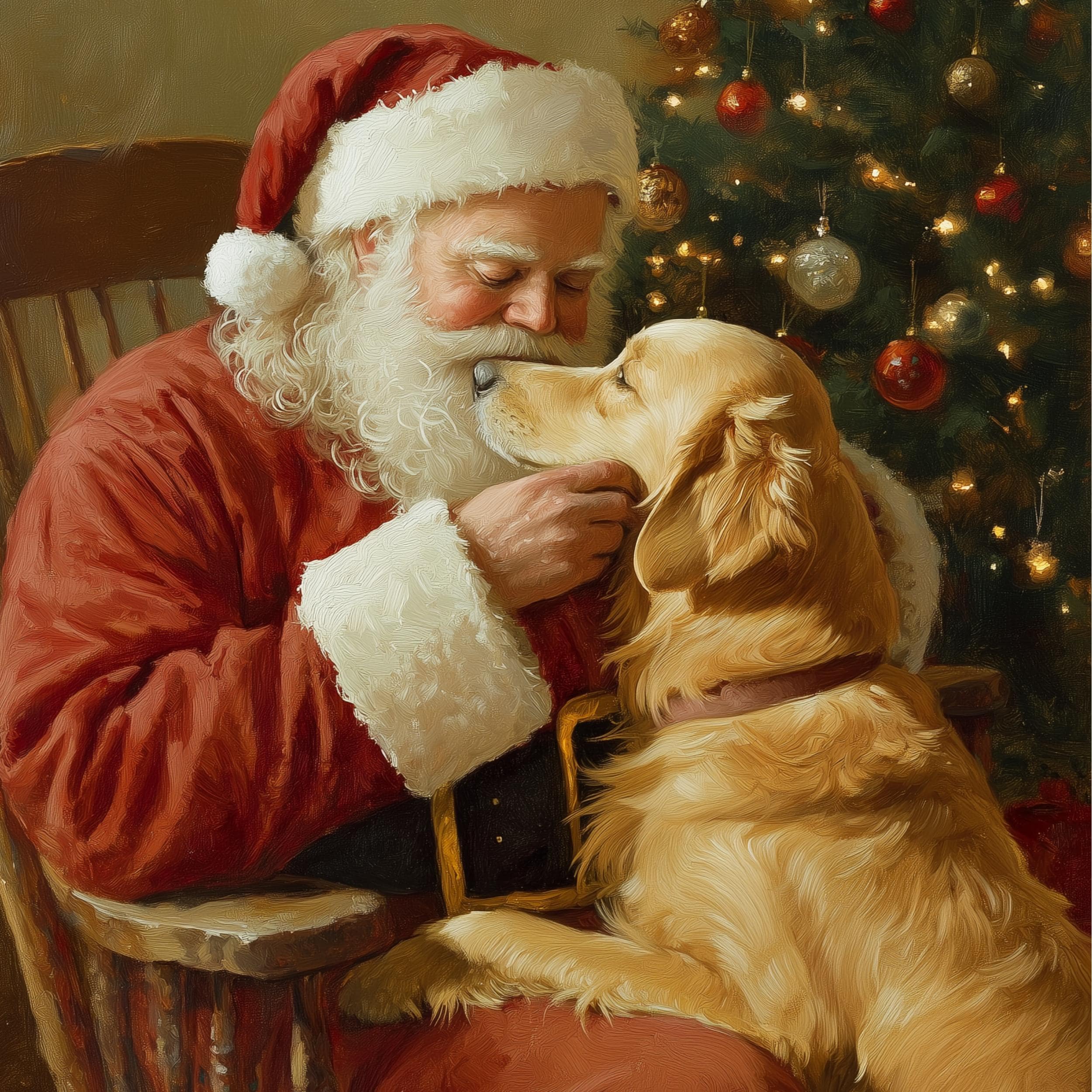 Santa Claus with Golden Retriever - Heartwarming Christmas Wall Art Print, Heartwarming Holiday Art, Cozy Vintage Christmas Wall Art - view 2