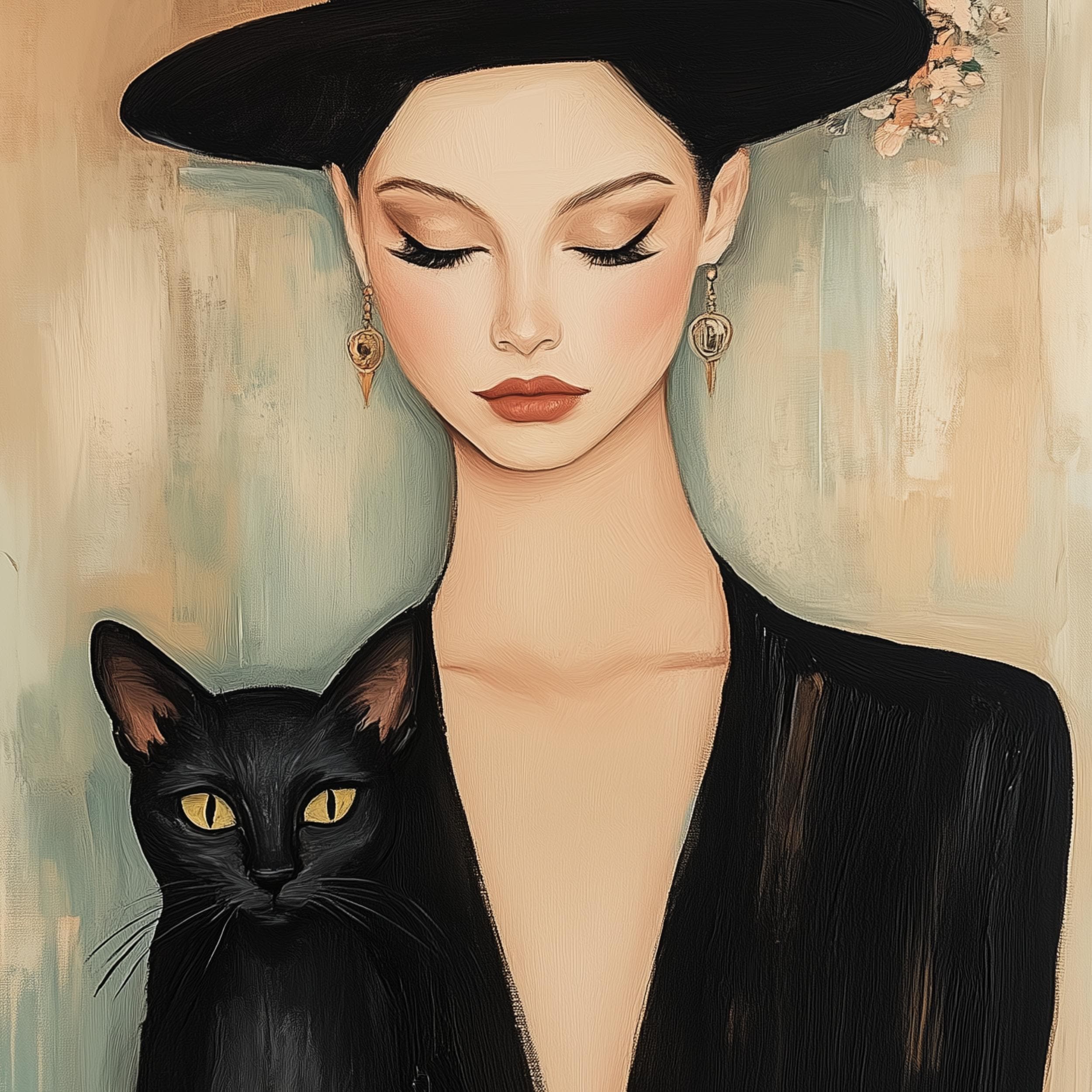 Black Cat and Lady Portrait - Modern Vintage Aesthetic Digital Art, Classy Lady with Black Cat Poster, Vintage Woman Art, Black Cat Portrait - view 2