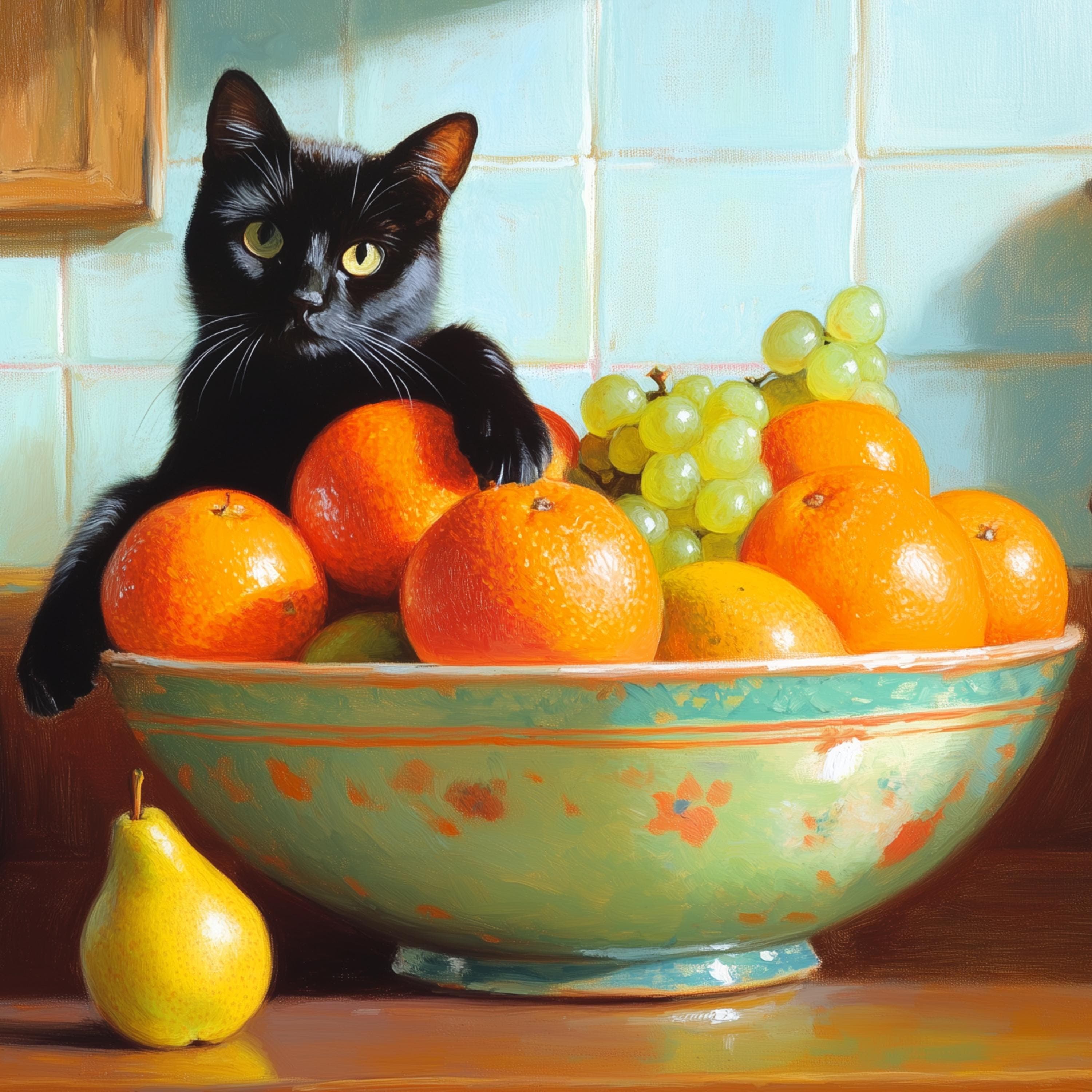 Black cat with fruit bowl painting, Playful kitchen wall art, Orange and grape still life painting, Colorful kitchen wall decor, Kitchen Art - view 2