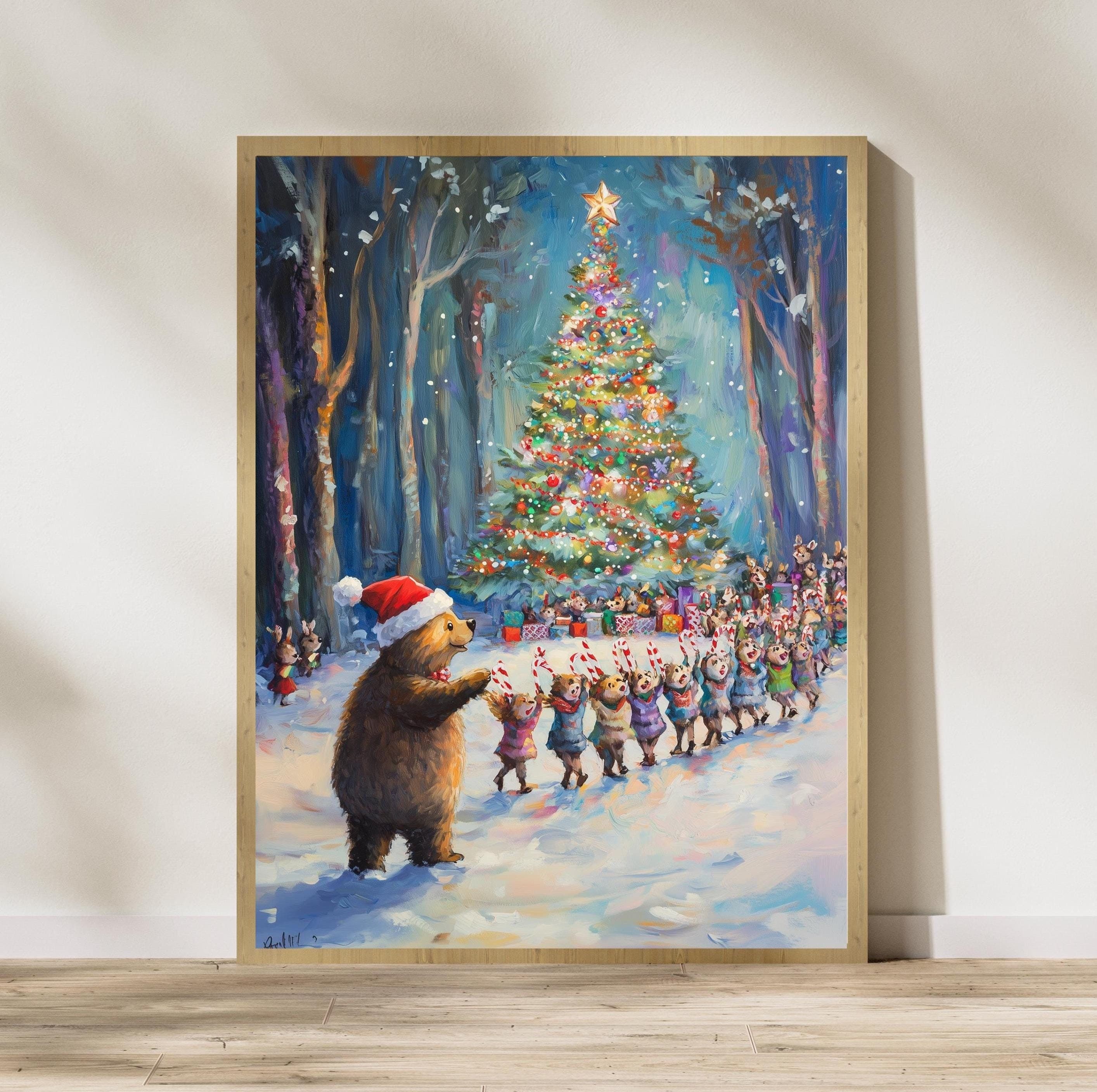 Christmas Bear Wall Art, Christmas Art Print, Christmas Forest Party Poster, Winter Wall Art, Festive Forest Print, Festive Winter Print