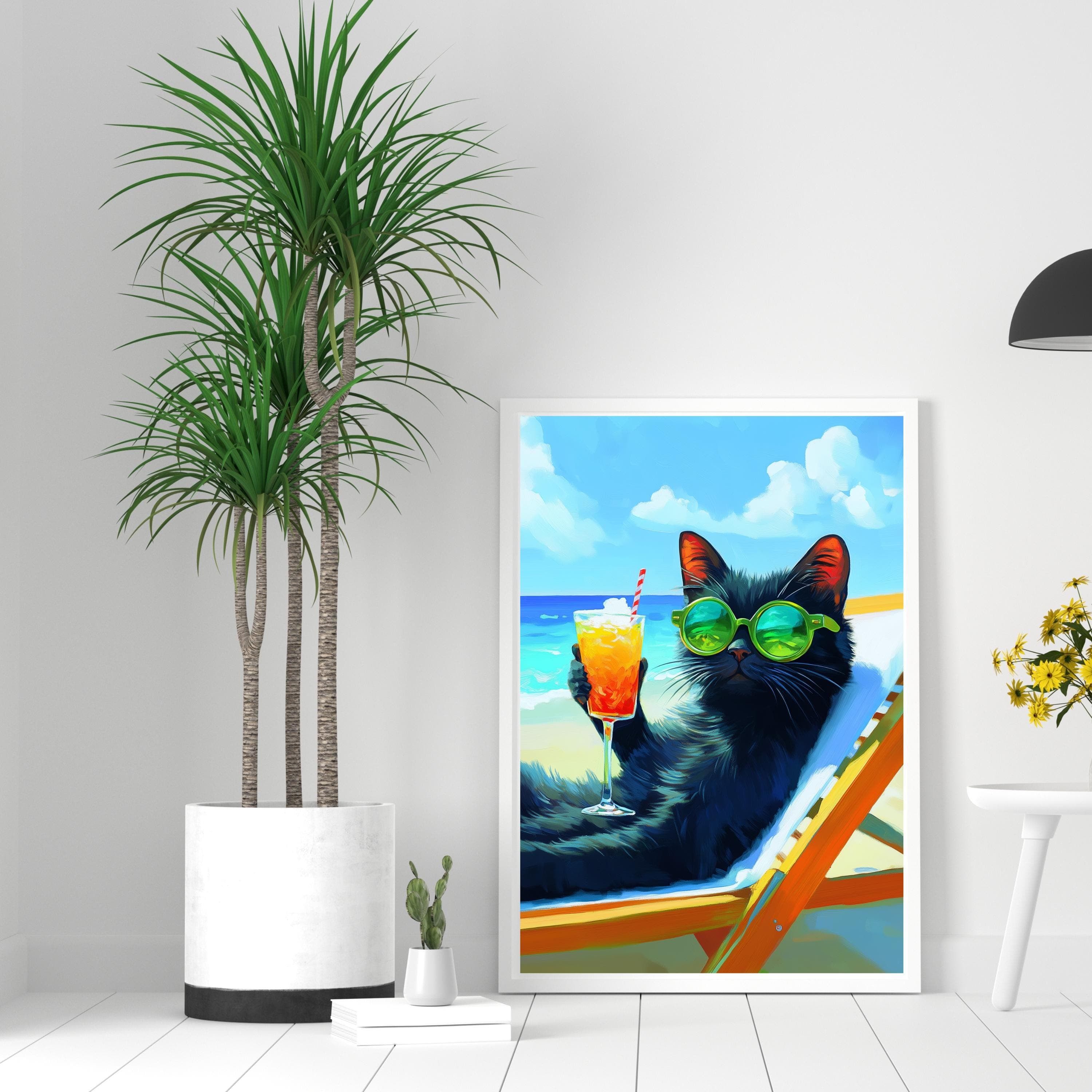 Sunbathing Cat Art Print, Black Cat Digital Poster, Black Cat Oil Painting, Colorful Cat Print, Matisse Cat Print, Summer Beach Cat Art - view 2