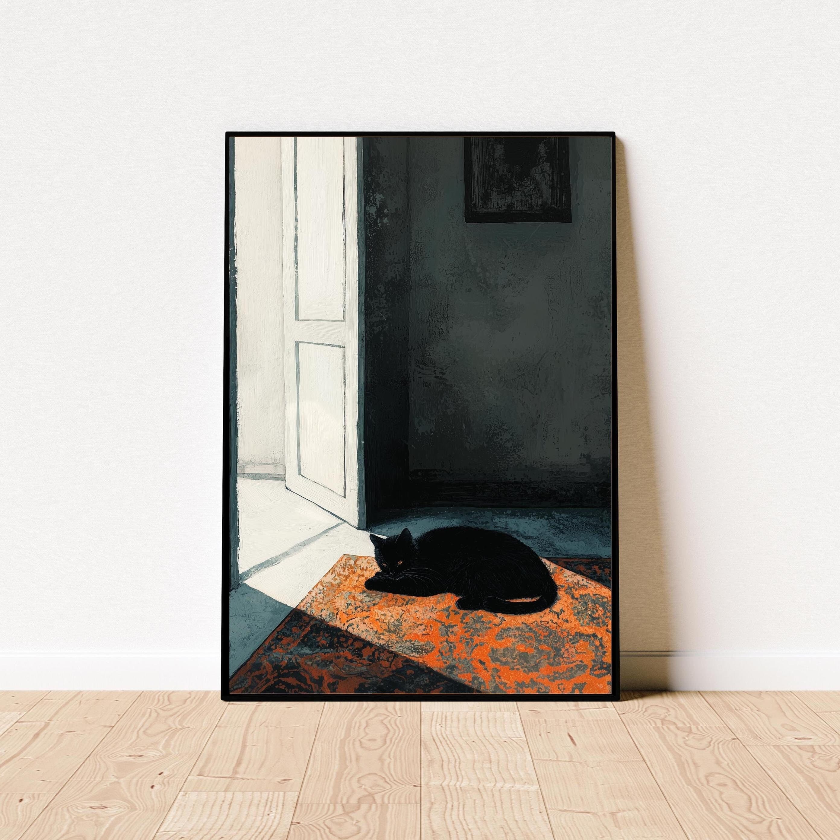 Moody Black Cat in Sunlit Room, Dark Minimalist Art, Black Cat Digital Download, Black Cat Poster, Maximalist Black Cat Art, Cat Lover Gİft